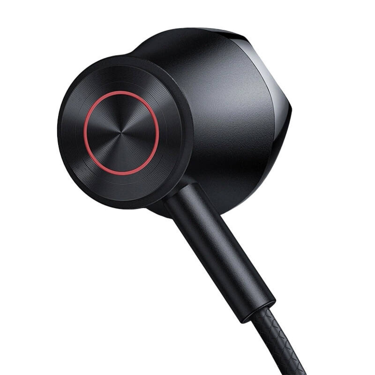 Auricolari neri con anello rosso e cavo intrecciato.