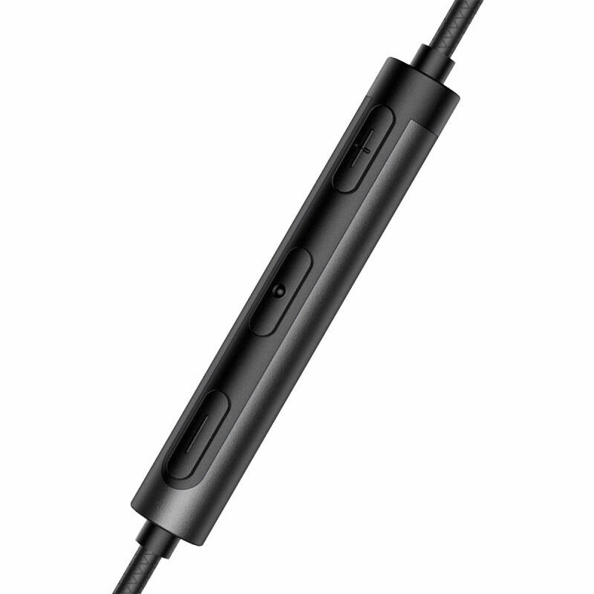 Un primo piano di un telecomando in linea nero per auricolari, che mostra i pulsanti per il volume e altre funzioni.