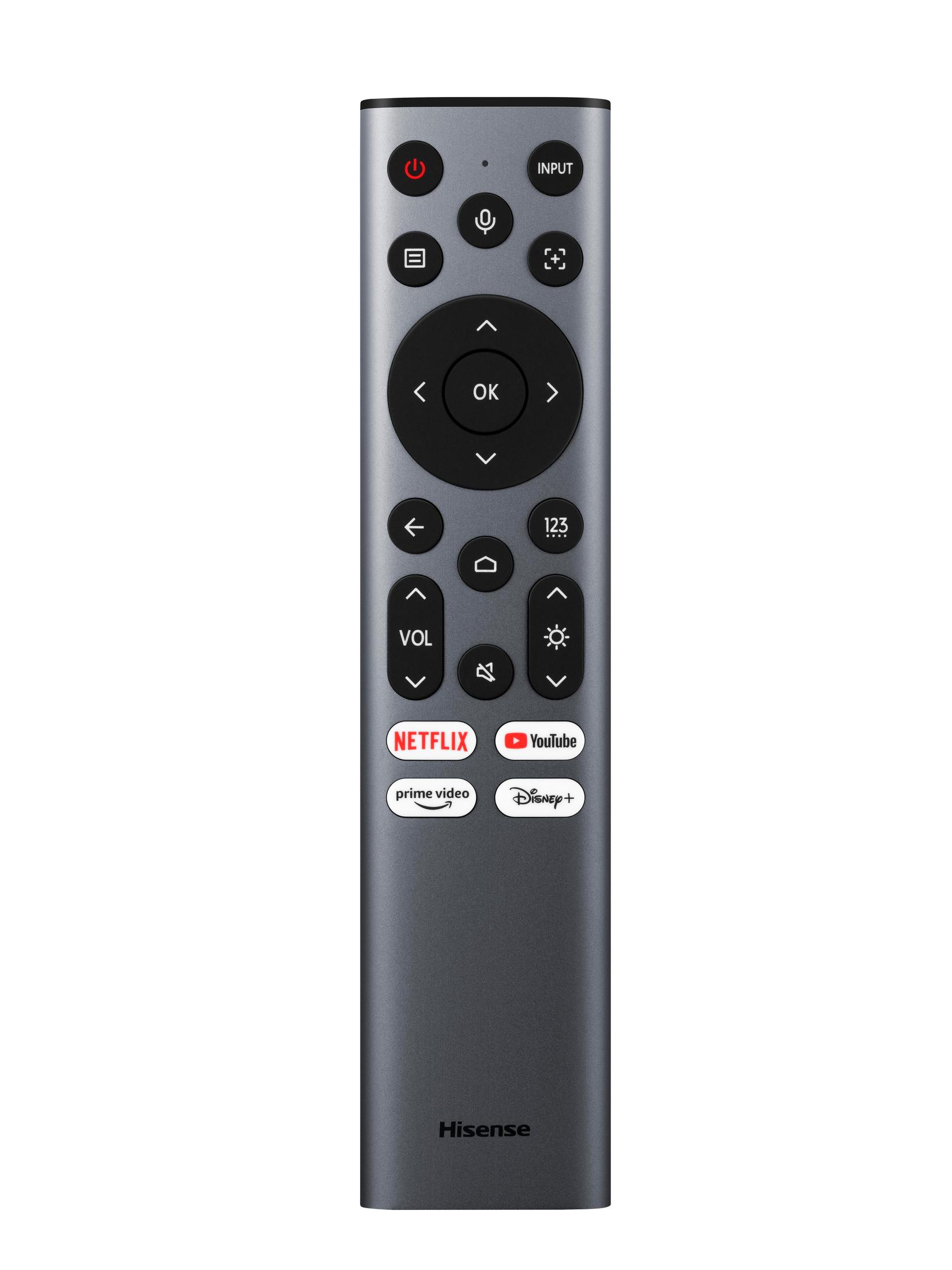 Une télécommande Hisense gris foncé avec des boutons pour Netflix, YouTube et autres services.