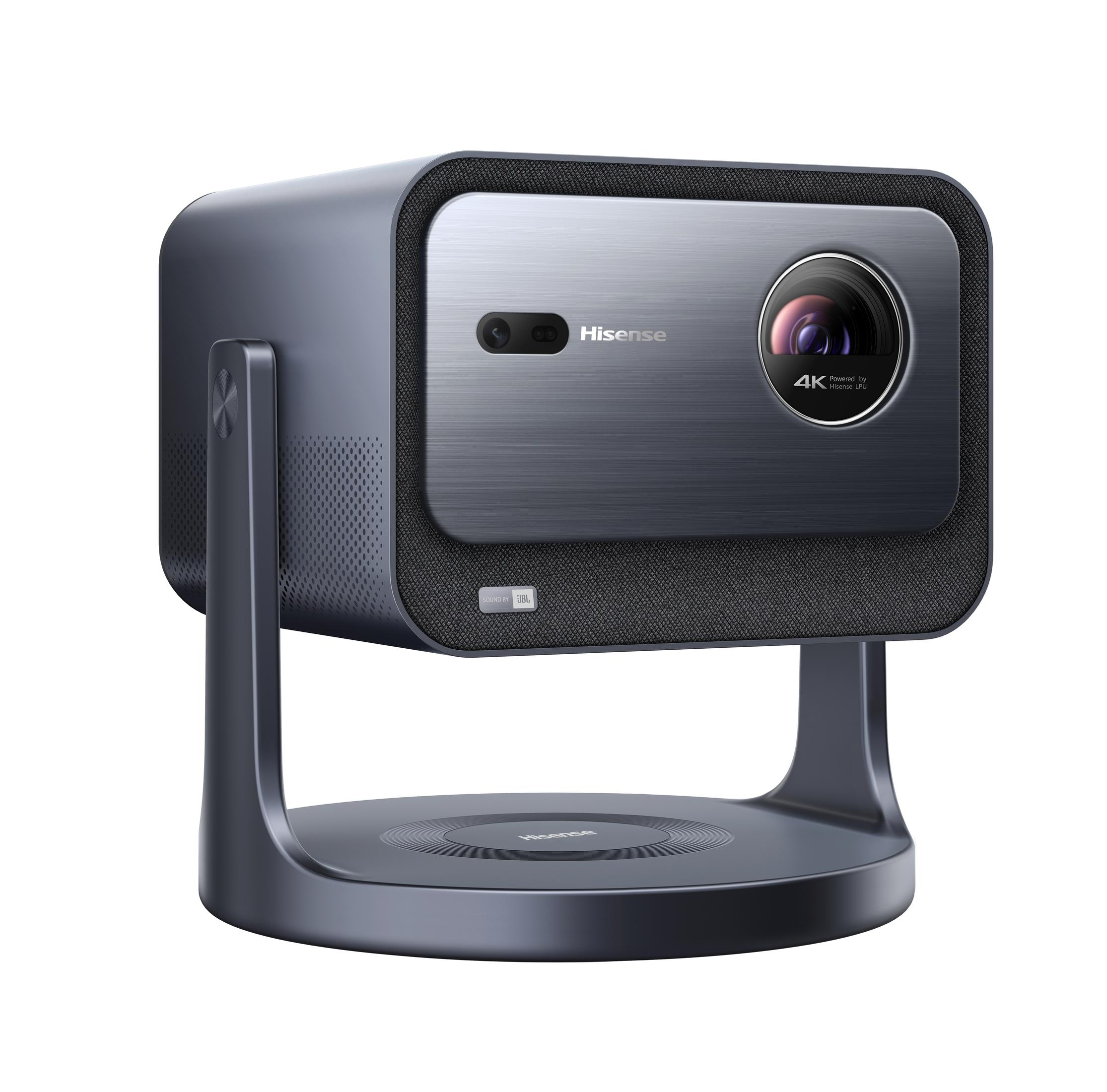 Un projecteur noir avec un support argenté. Résolution 4K visible.