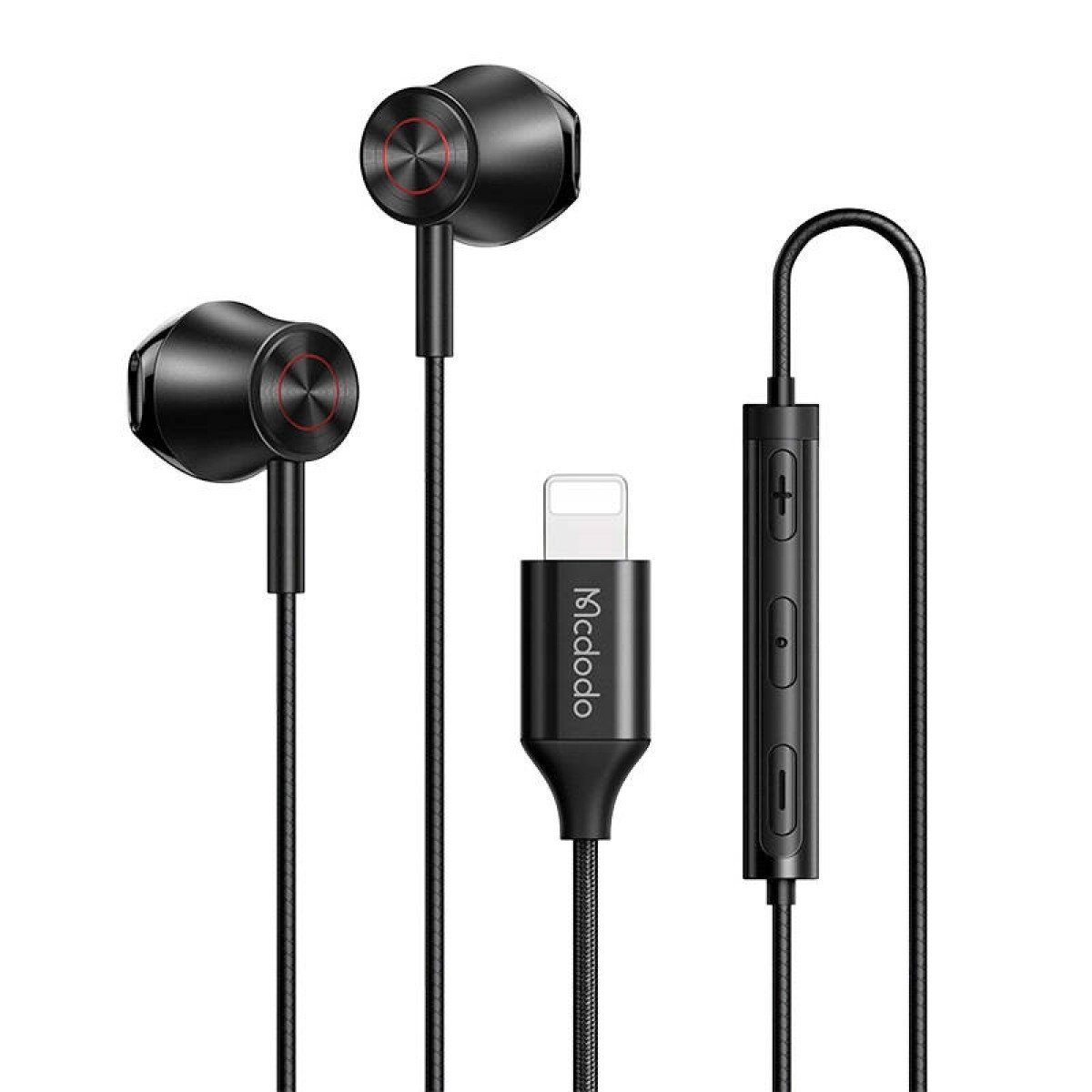 Cuffie in-ear nere con connettore Lightning e telecomando in linea.