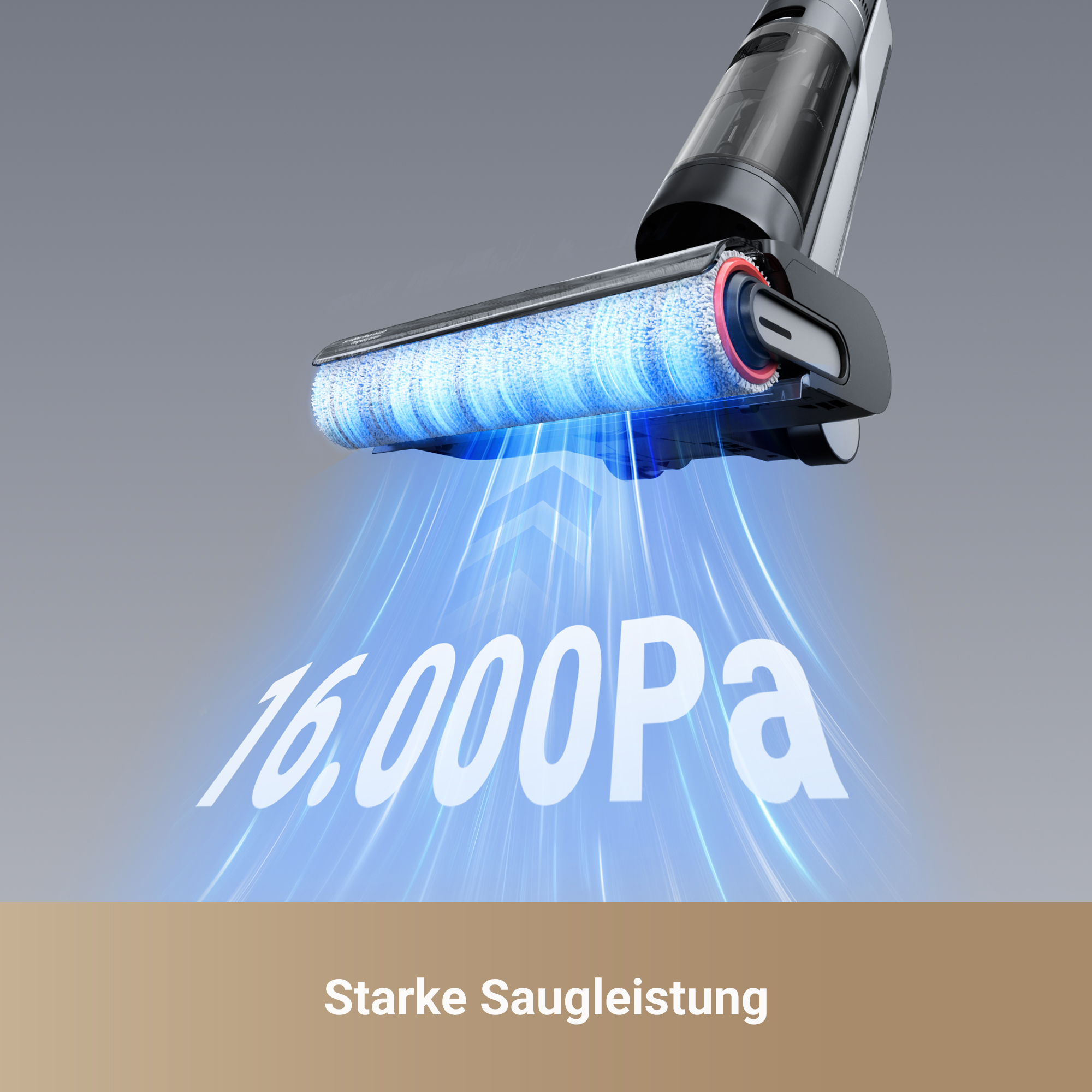 Schwarzer Staubsaugerkopf, der blaue Luft mit weißem Text und brauner Oberfläche ausstößt.