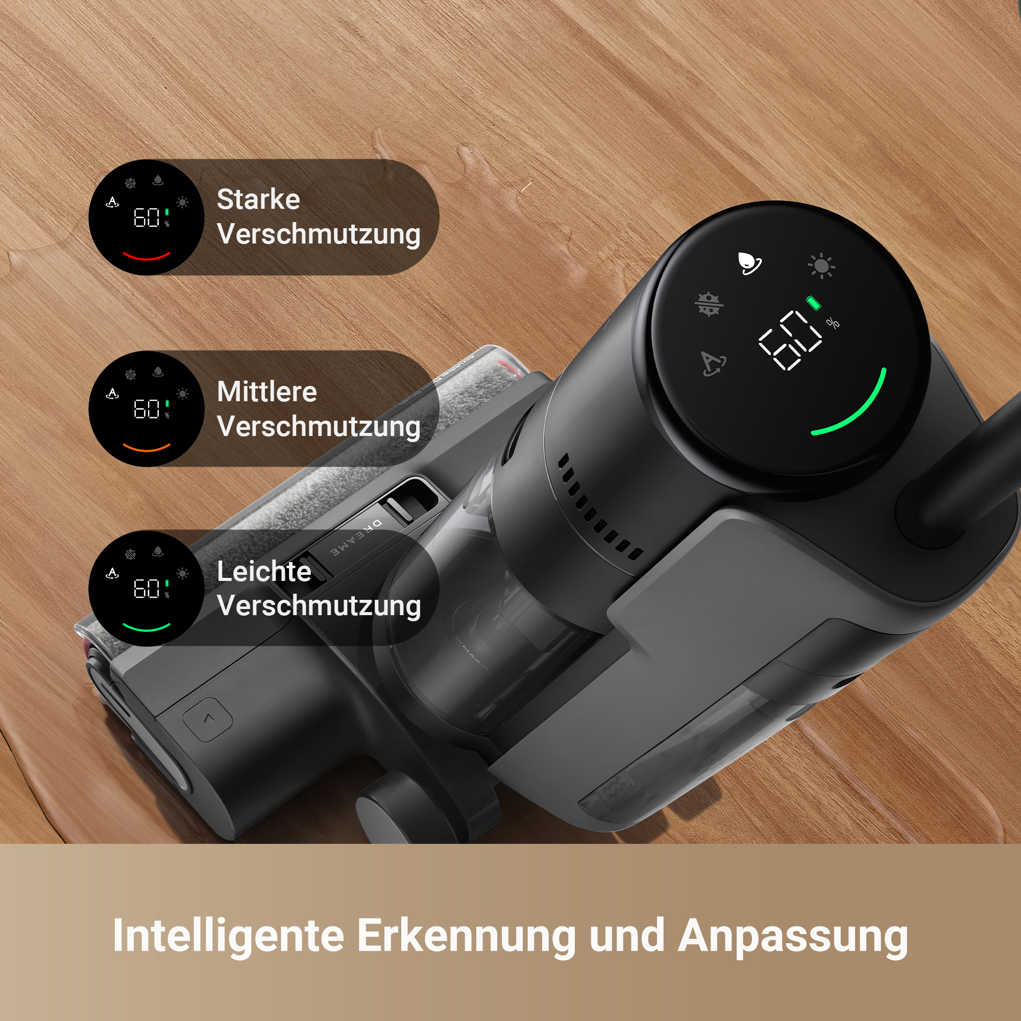 Nahaufnahme eines Staubsaugers. Das Display zeigt verschiedene Reinigungsmodi auf Holz.