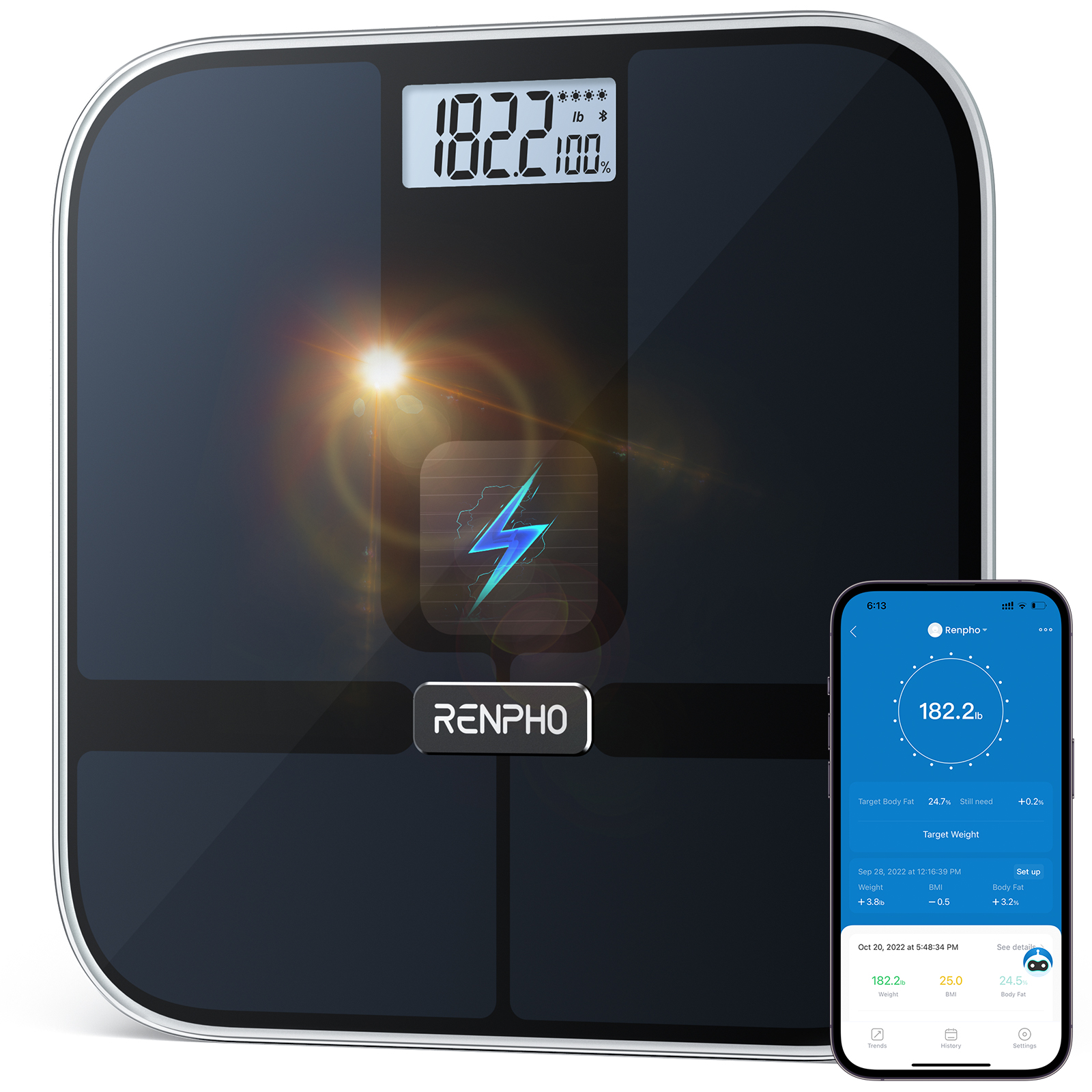 Schwarze intelligente Waage, die 182,2 lb anzeigt, verbunden mit einem Telefon, das Gewichtsdaten anzeigt.