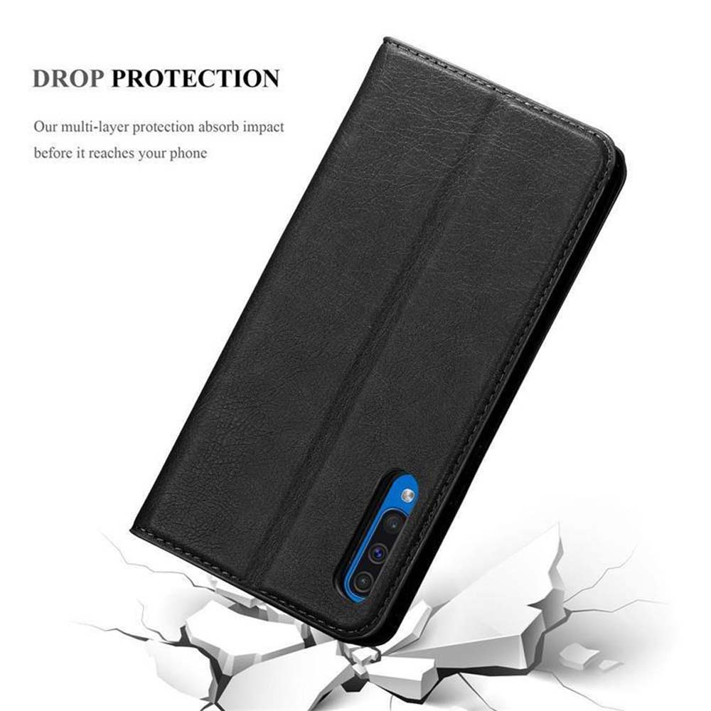 Eine schwarze Handyhülle schützt ein Telefon. Grafiken zeigen Aufprall- und Fallschutz.