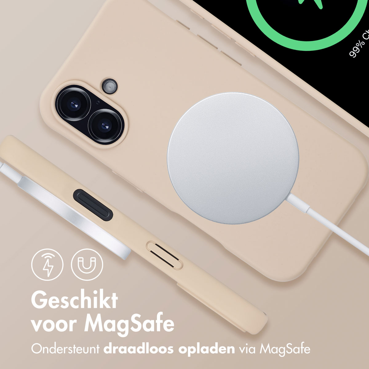 Telefoonhoesje en oplaadpad. Tekst: 'Geschikt voor MagSafe'. Telefoon opladen.