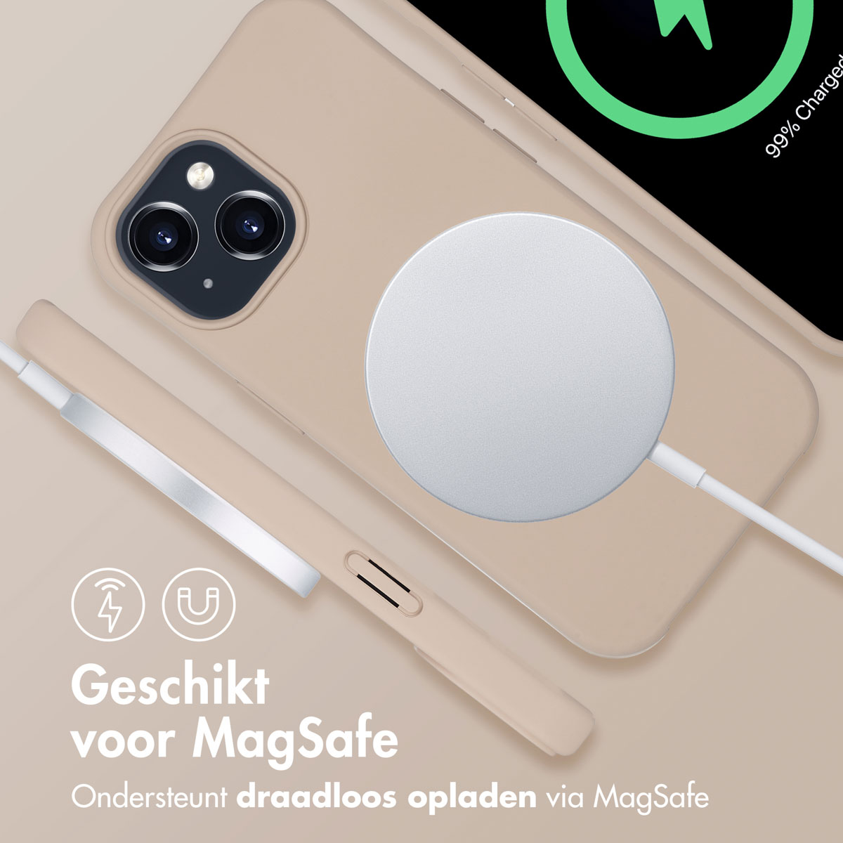 Kabelloses Ladegerät und eine Handyhülle mit MagSafe-Logo.