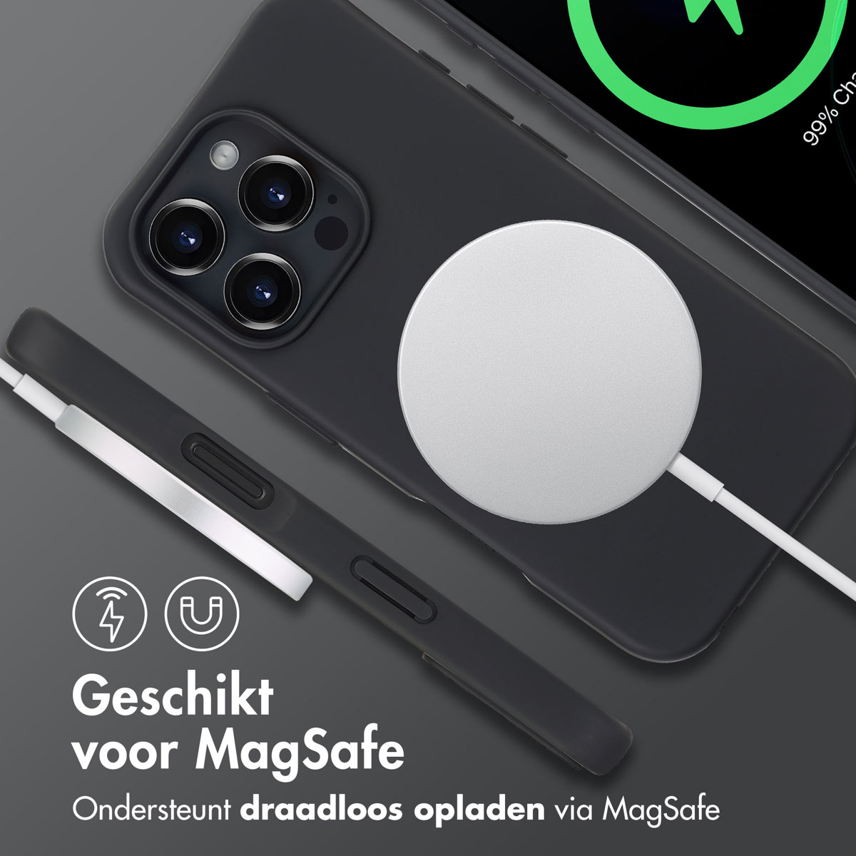Een zwarte telefoon met een MagSafe-oplaadpad en een close-up van een oplaadcase. Het opladen is 99%.