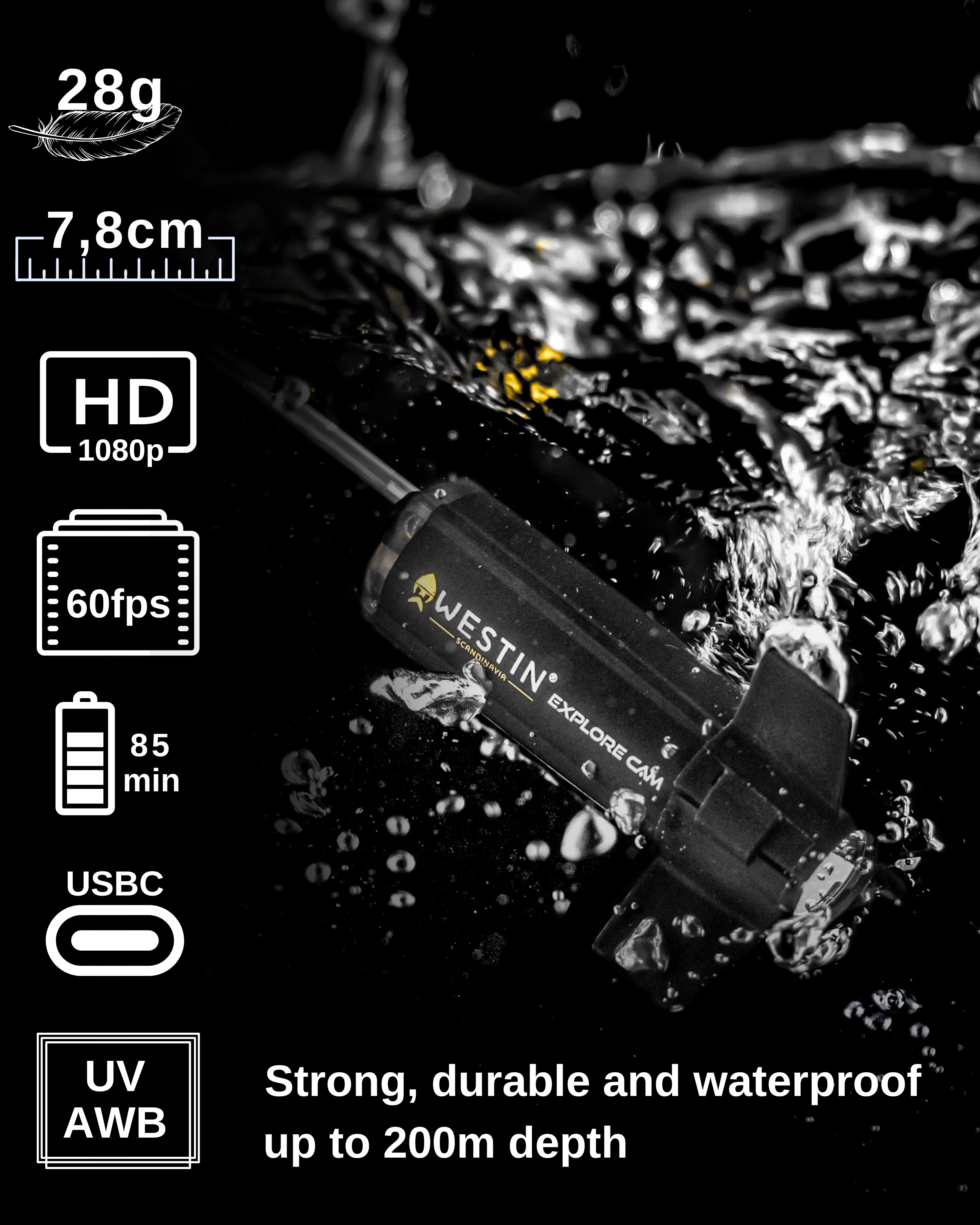 Schwarze Unterwasserkamera mit Text und Symbolen, die Funktionen wie HD, 60fps, Akkulaufzeit und USB-C anzeigen.