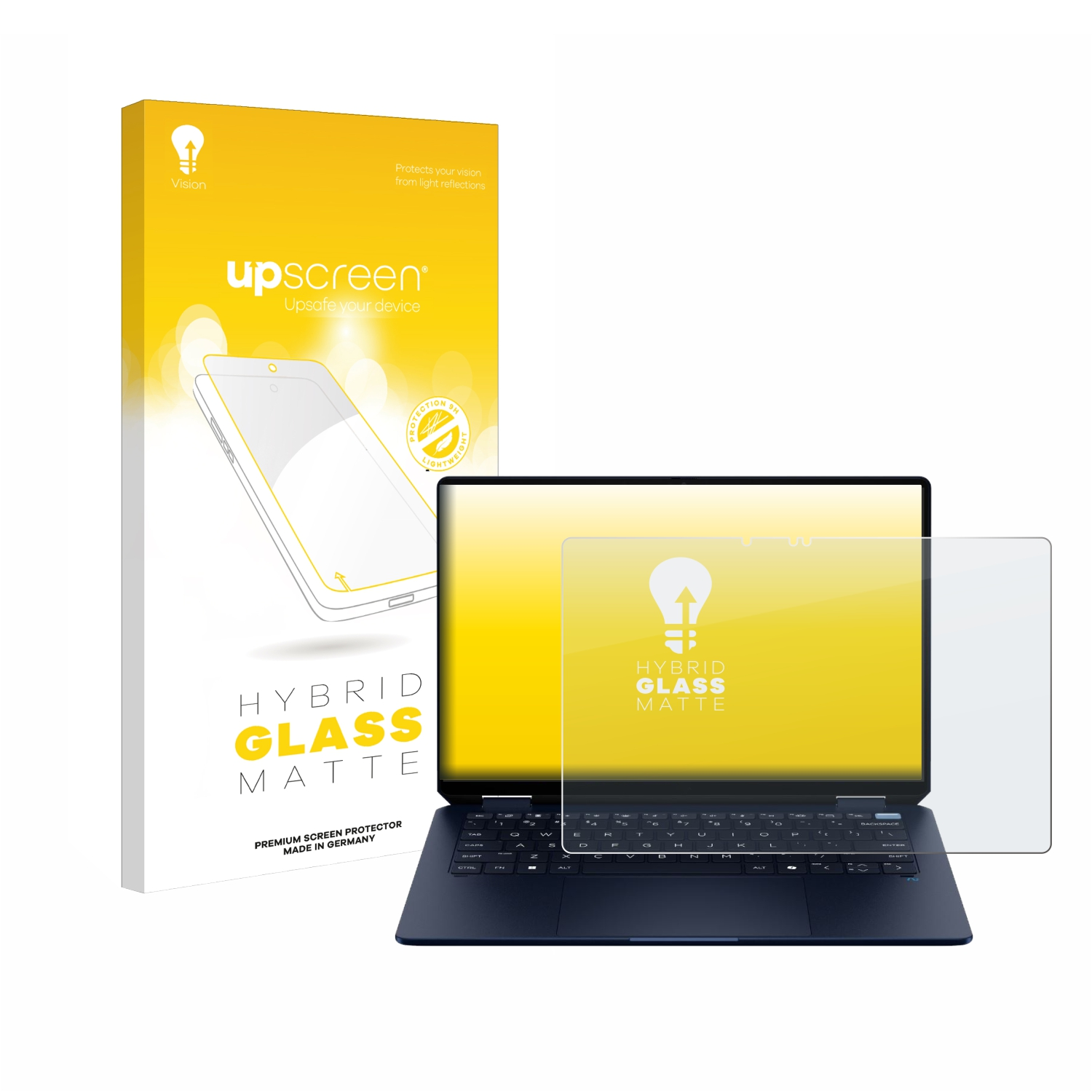 Laptop mit Displayschutzfolie und Box. Schutzfolie hat ein gelb-weißes Design.