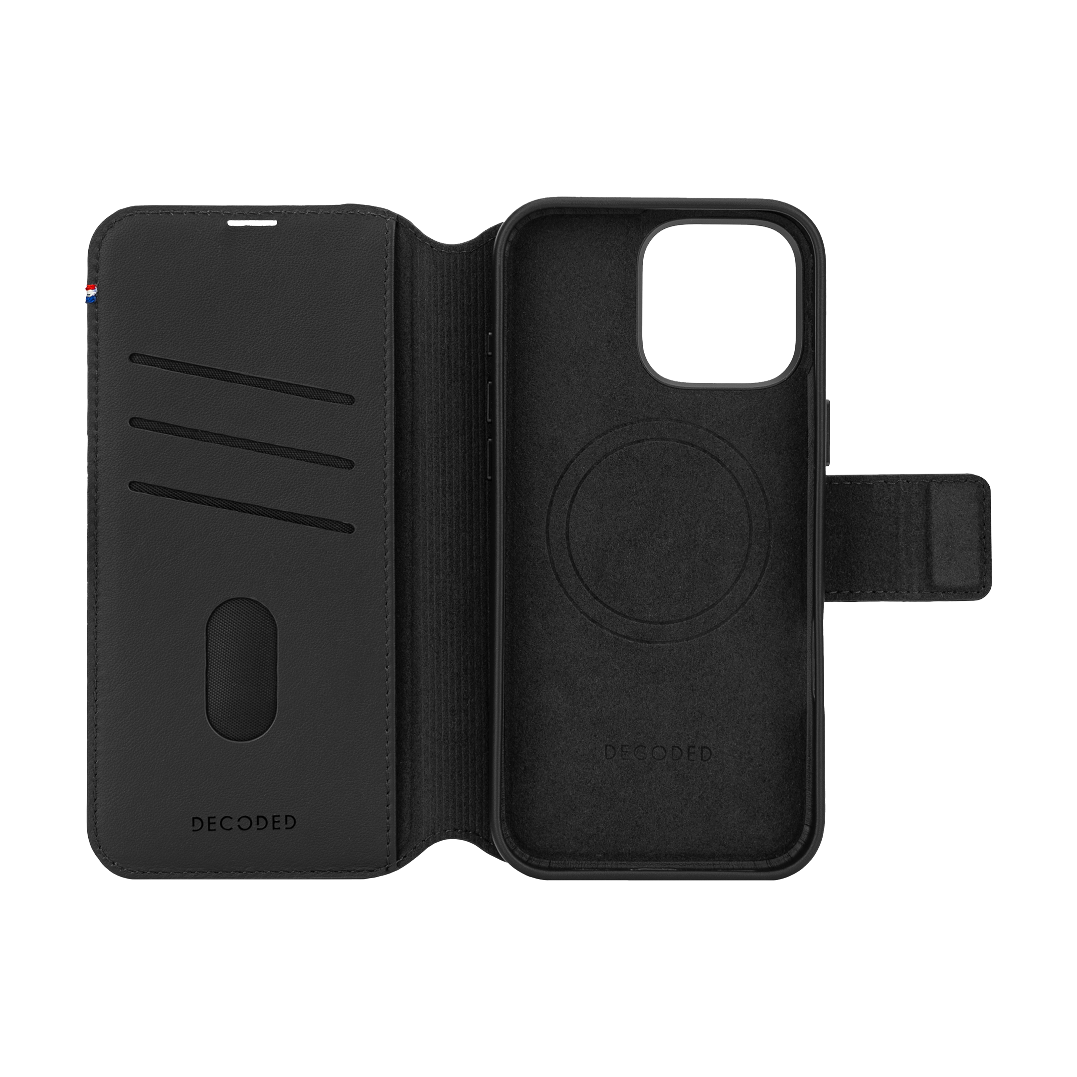 Zwarte telefoonhoes met portemonnee-ontwerp, open, met telefoon, Deco.