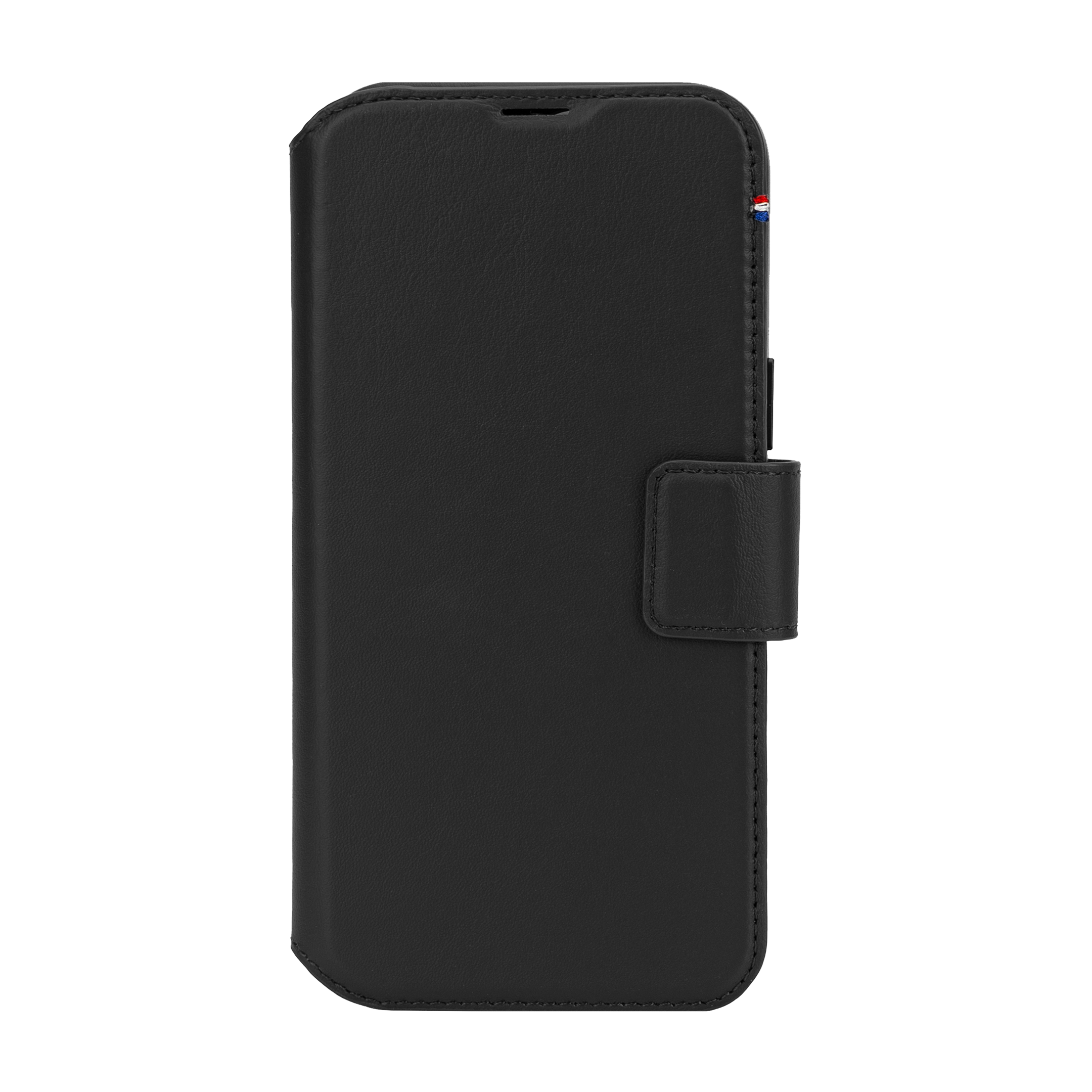 Coque de téléphone en cuir noir avec rabat. Fond noir.