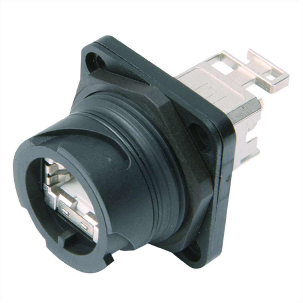 Schwarzer Stecker für ein Netzwerkkabel mit schwarzem Rahmen auf weißem Hintergrund.