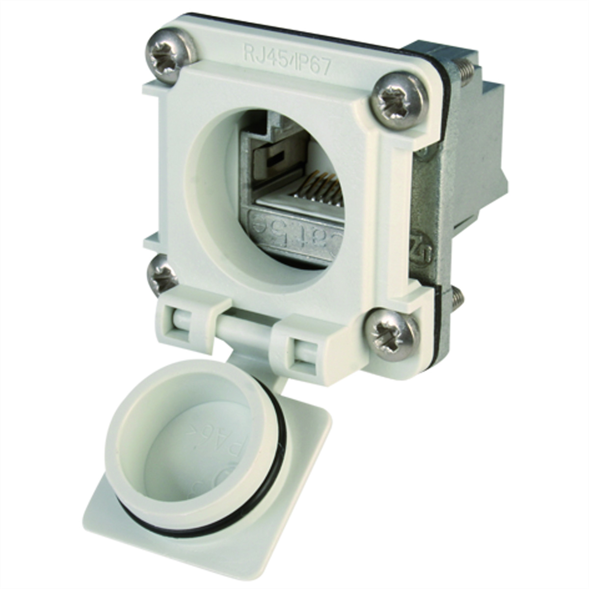 Weißer RJ45 IP67-Stecker mit geöffneter Abdeckung, der den internen Anschluss und die Schrauben zeigt.