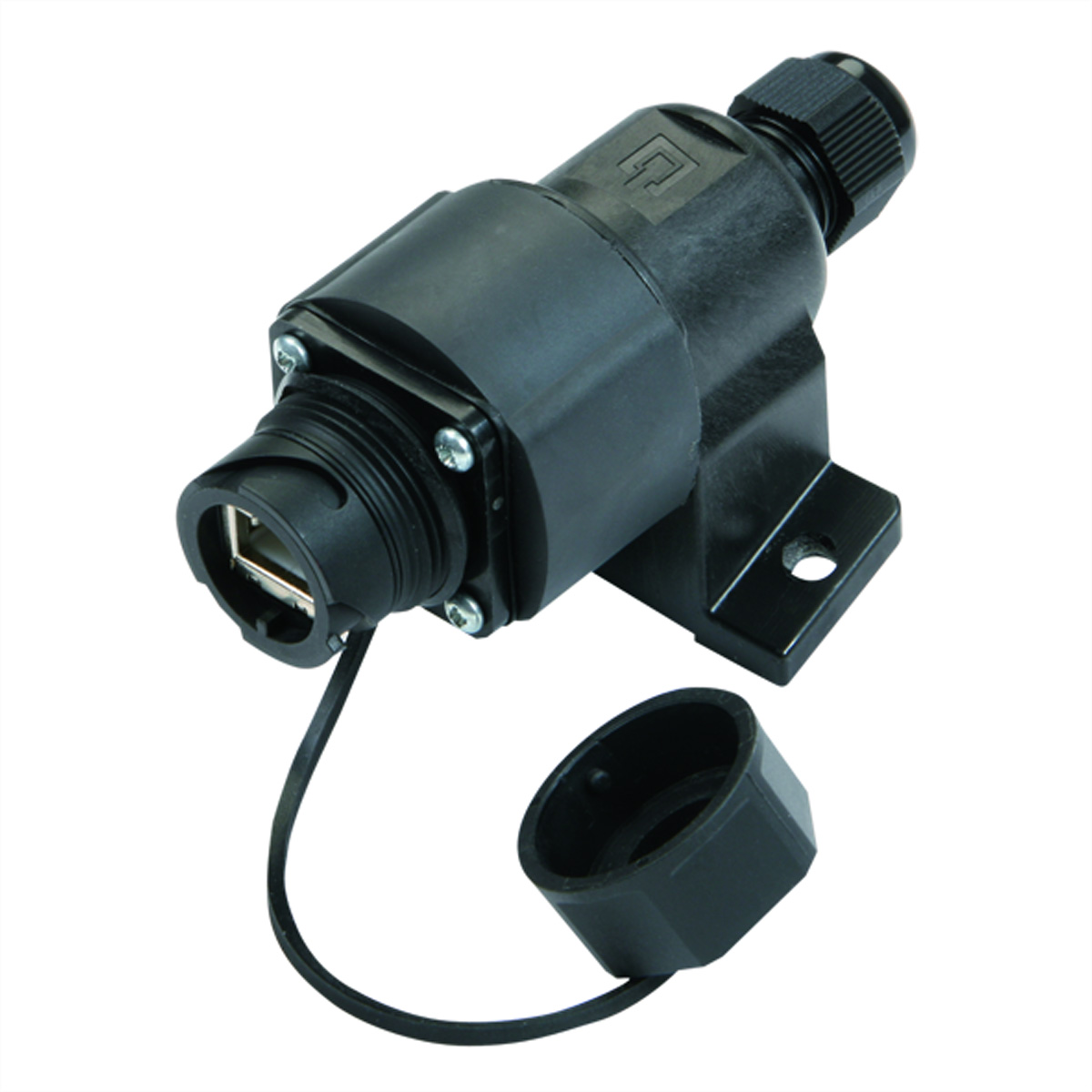 Ein schwarzer elektrischer Stecker mit Schutzkappe und Kabel.