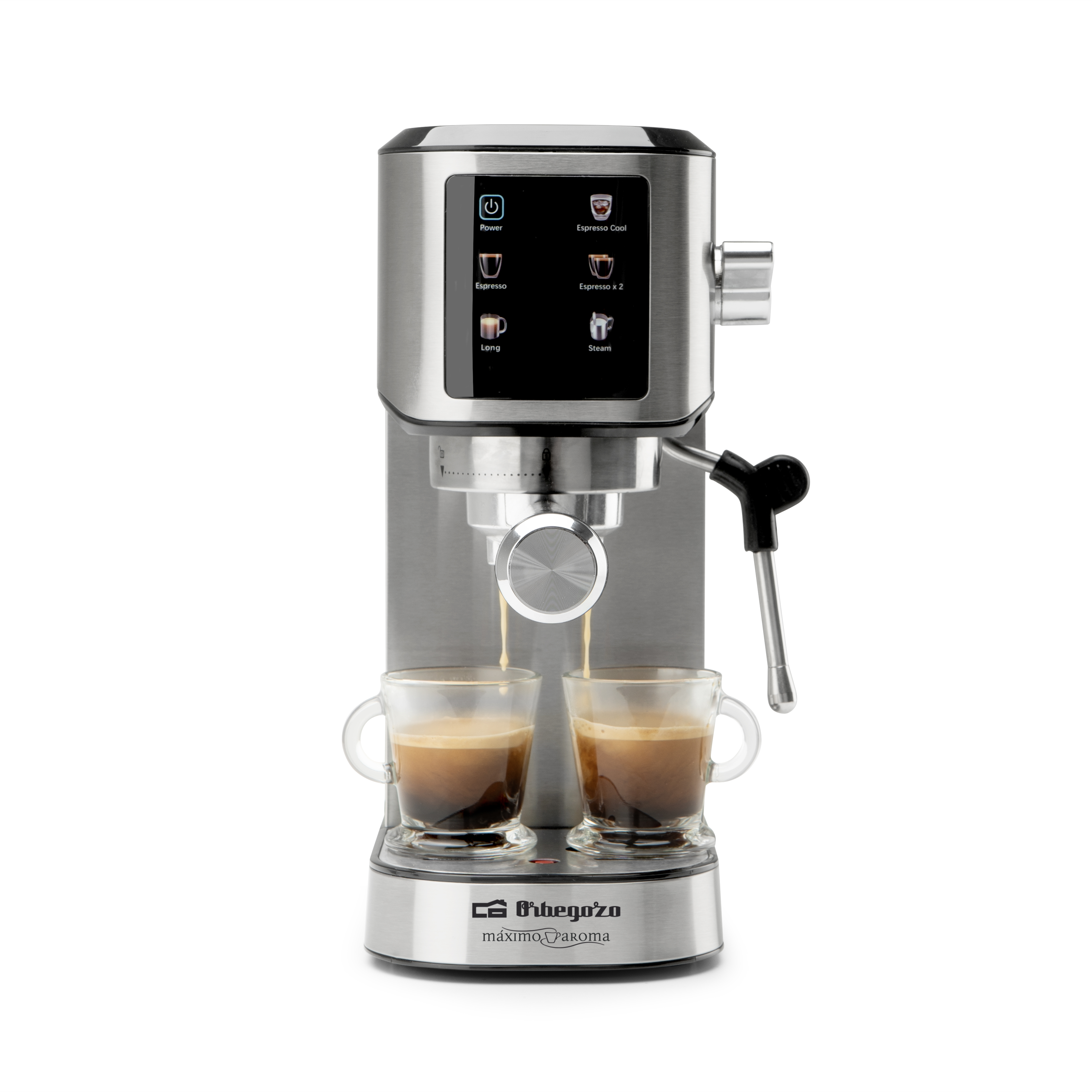 Máquina de espresso de acero inoxidable. Dos tazas de vidrio se llenan de café. Panel de control visible.