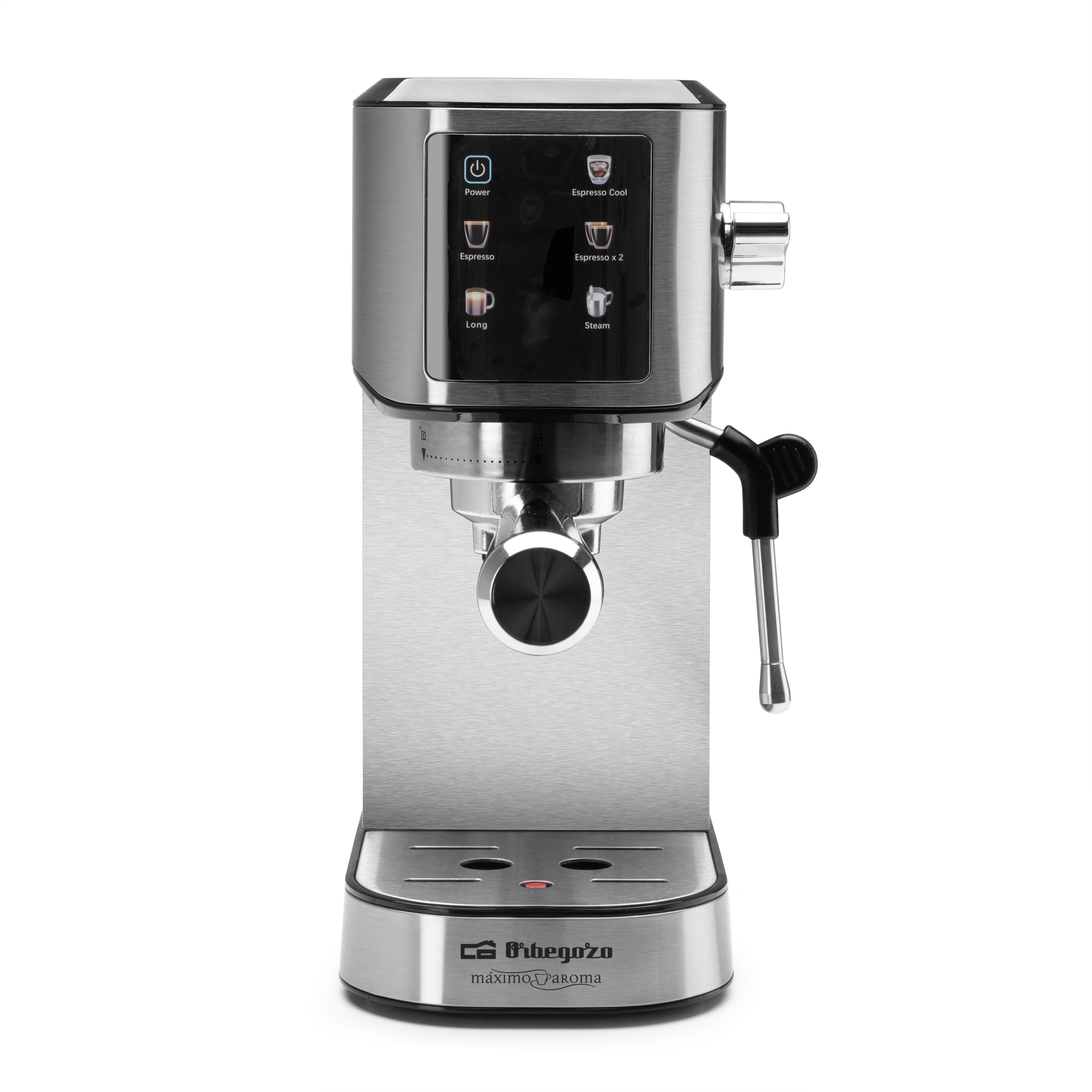 Una máquina de espresso plateada sobre una superficie blanca. Tiene botones para encendido, espresso y vapor.