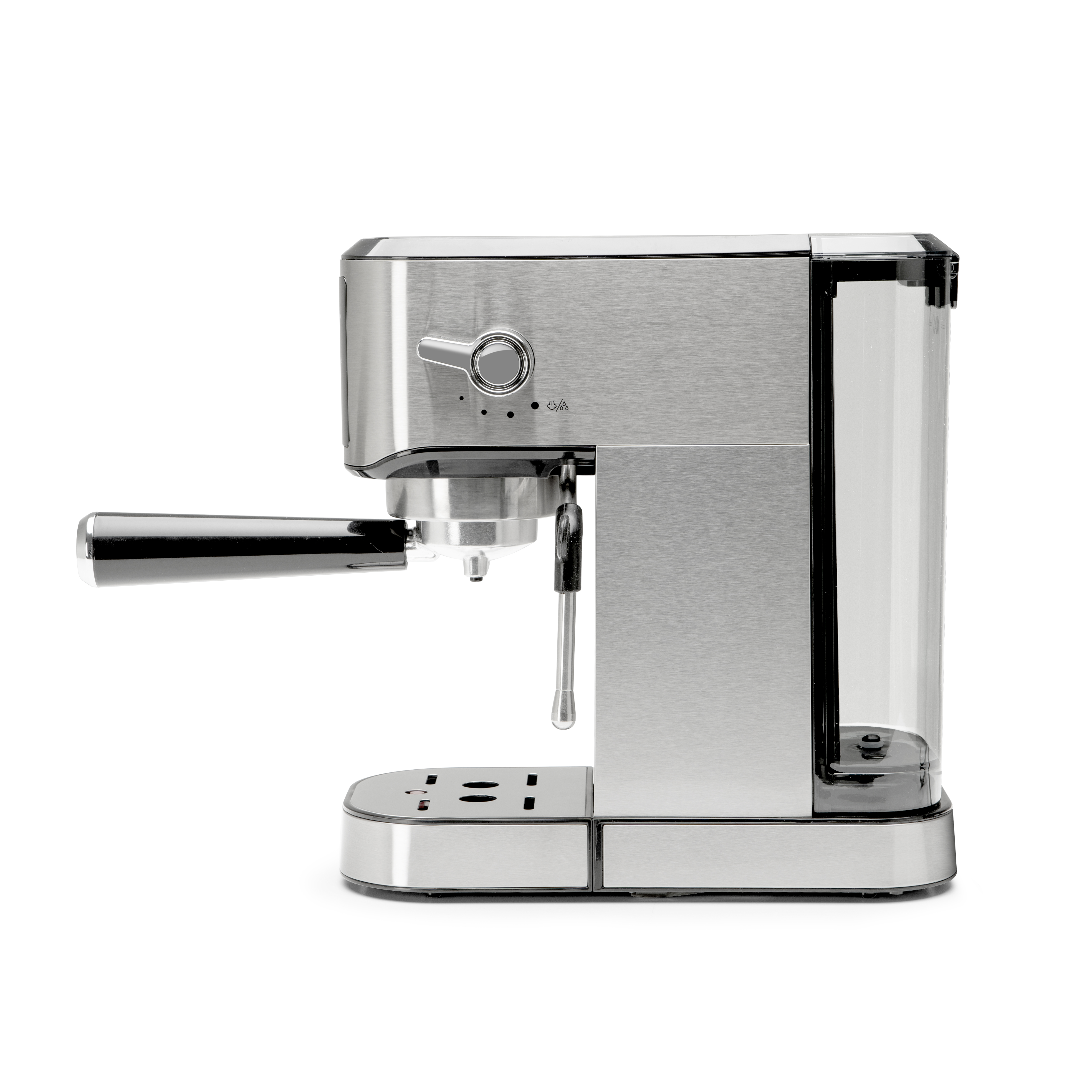 Máquina de espresso de acero inoxidable con depósito de agua, portafiltro y bandeja de goteo.