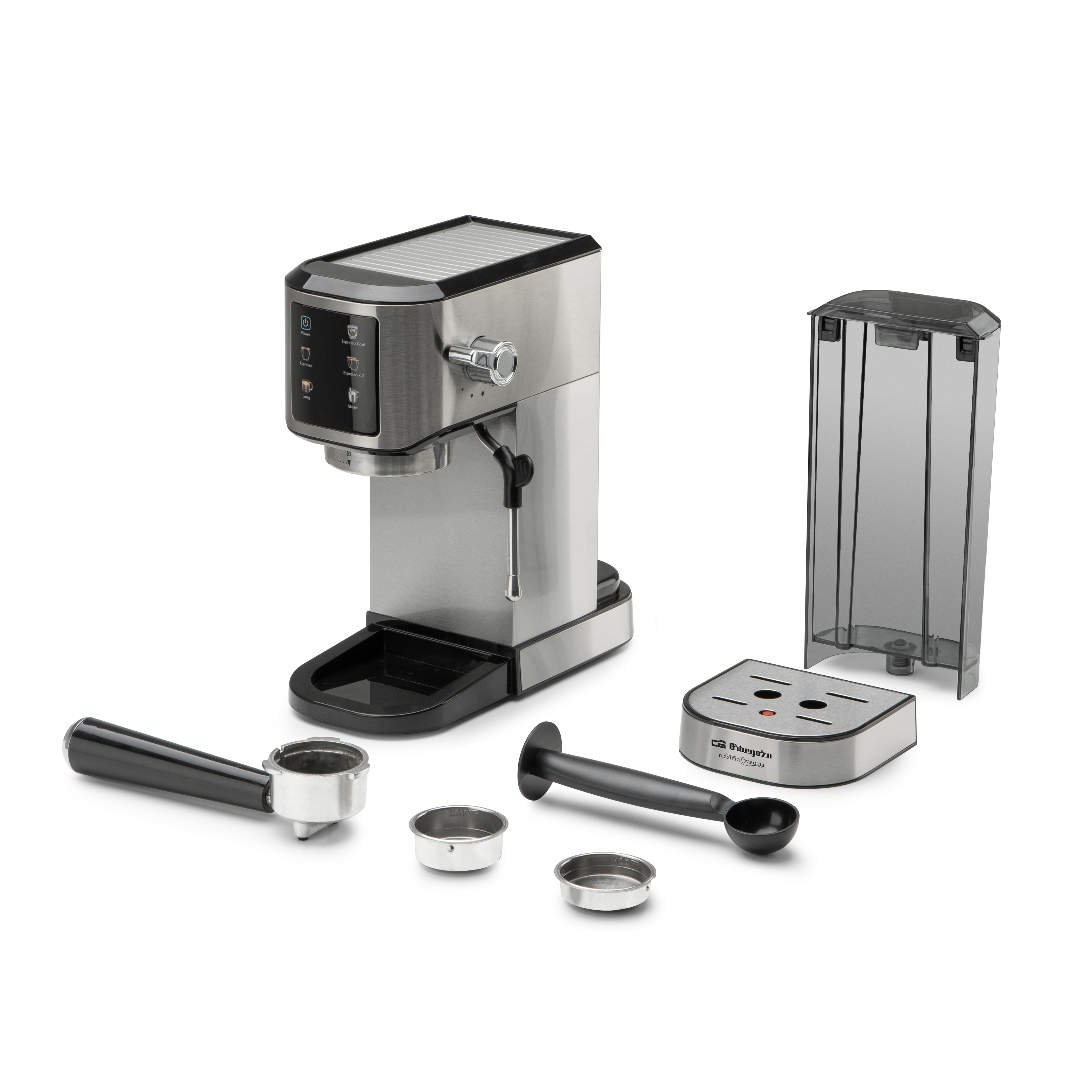 Una máquina de espresso con accesorios, incluyendo portafiltro, filtros y cuchara medidora.