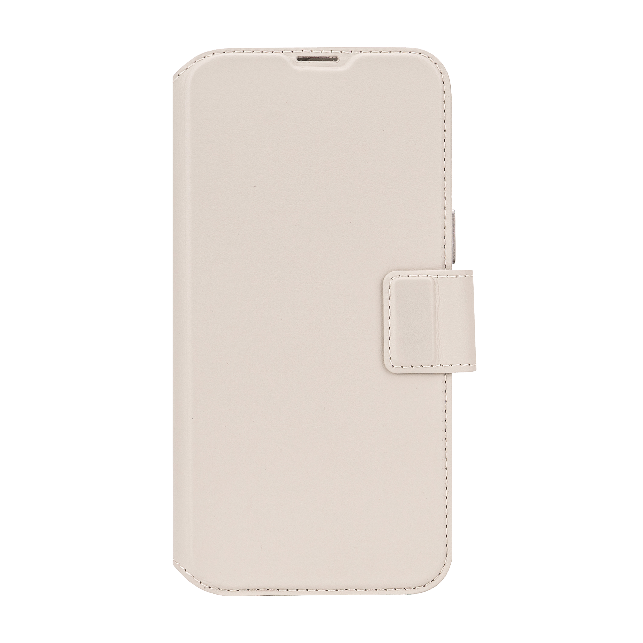 Witte telefoonhoes met een flap. De hoes is gesloten en op een zwarte achtergrond.