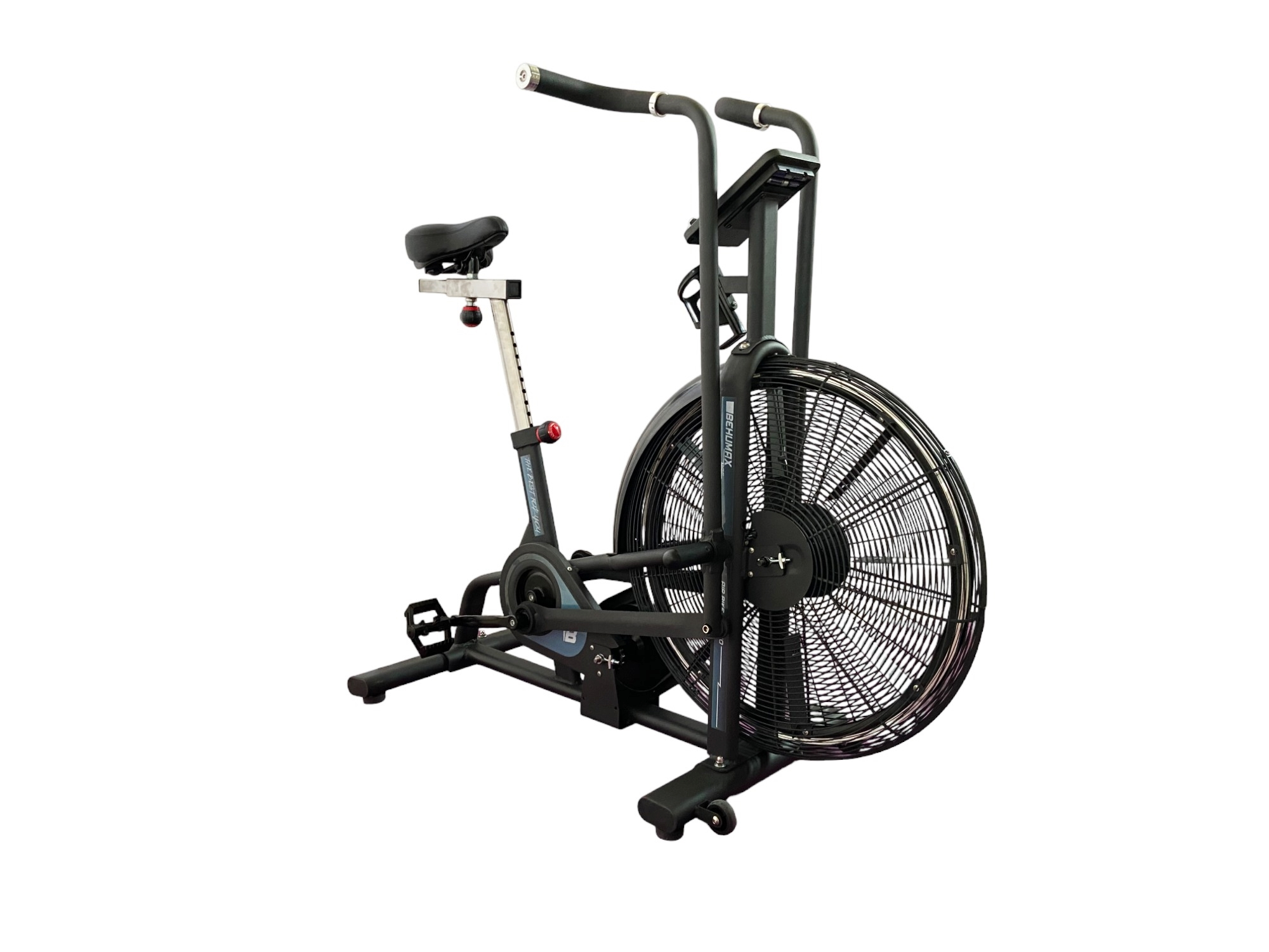Bicicleta estática con ventilador. Características: asiento, manillar, pedales y ventilador.