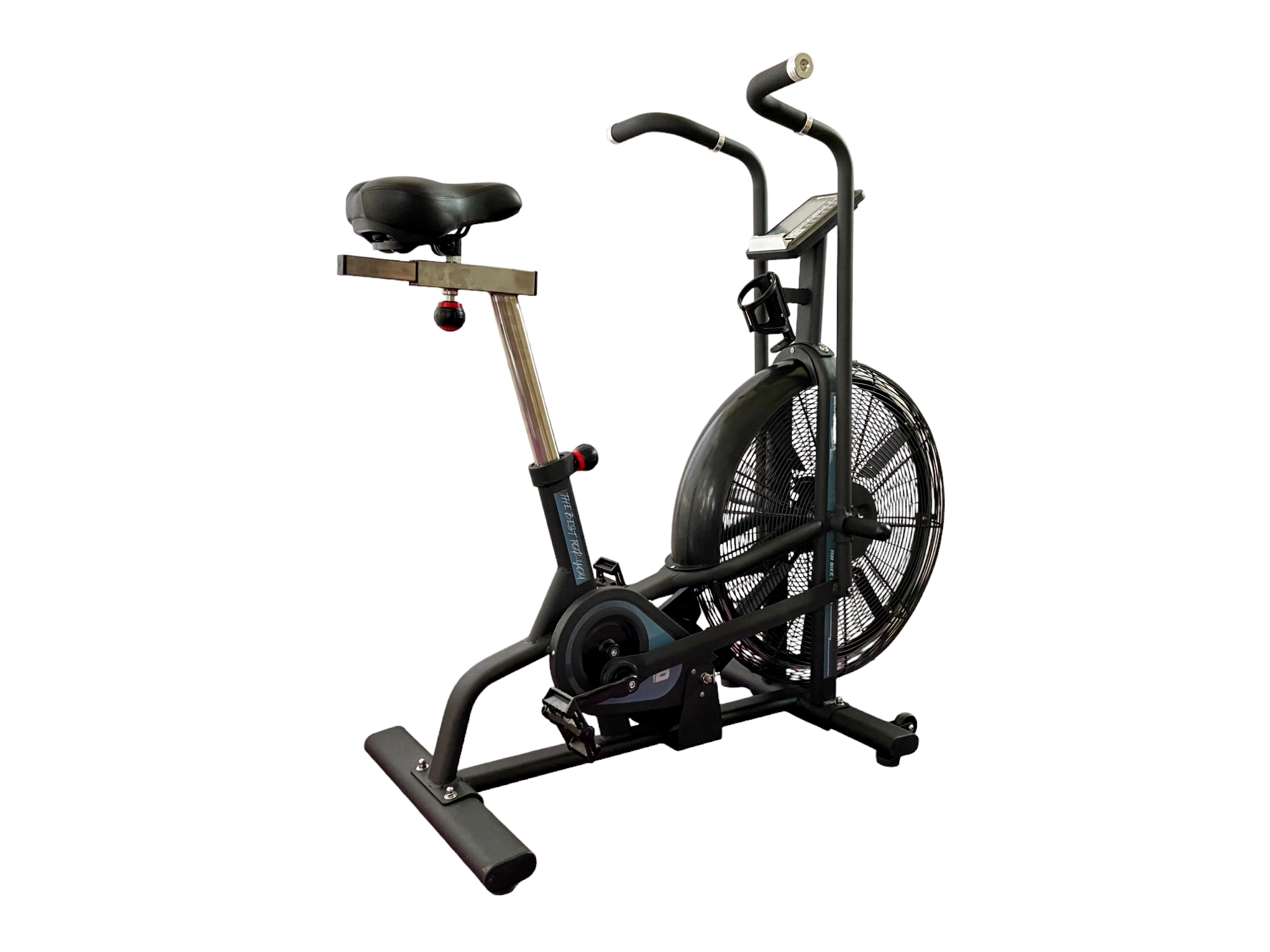 Bicicleta de aire, marco negro, rueda de ventilador, asiento y manillar sobre fondo blanco.