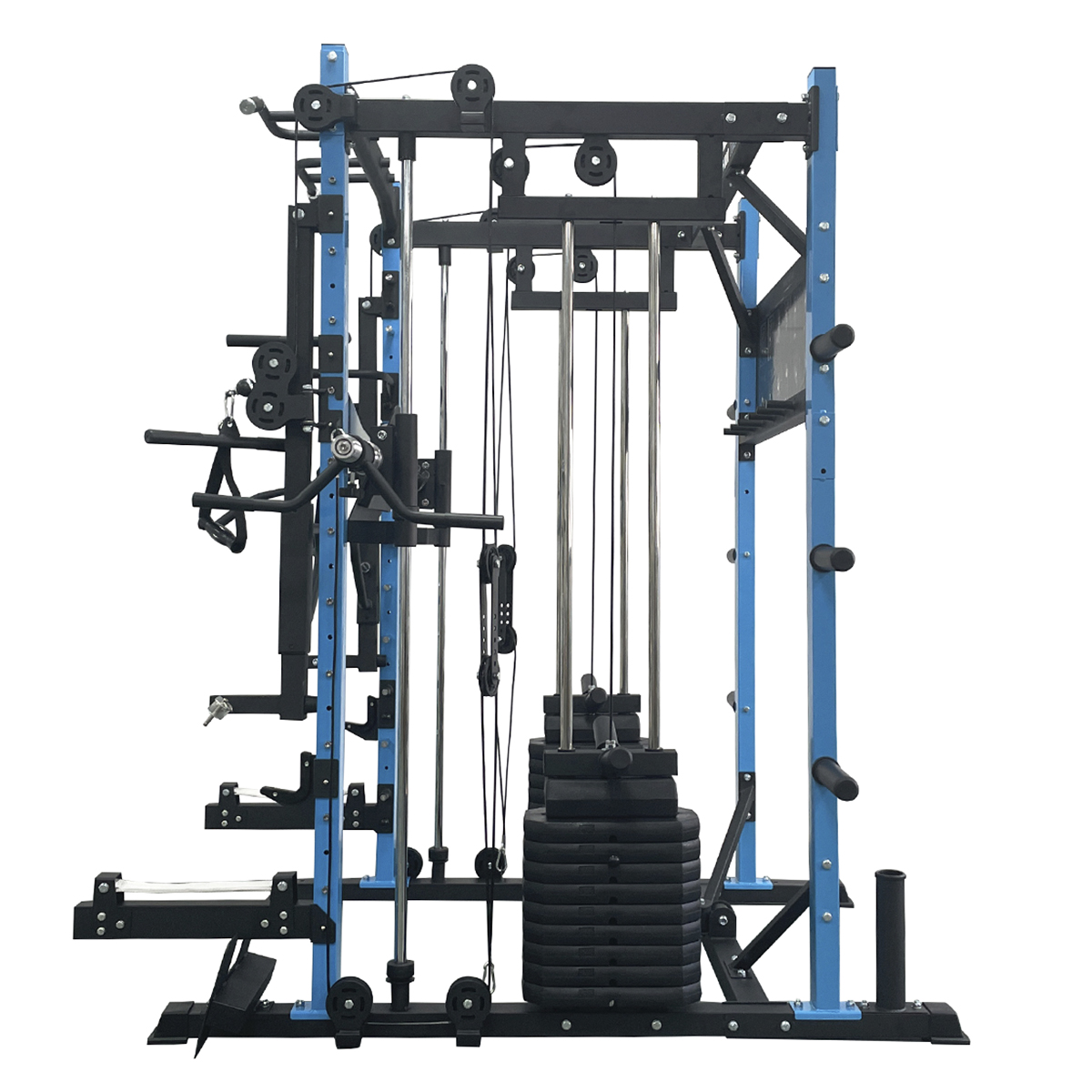 Máquina de gimnasio completa con pesas negras, marco azul y cables.