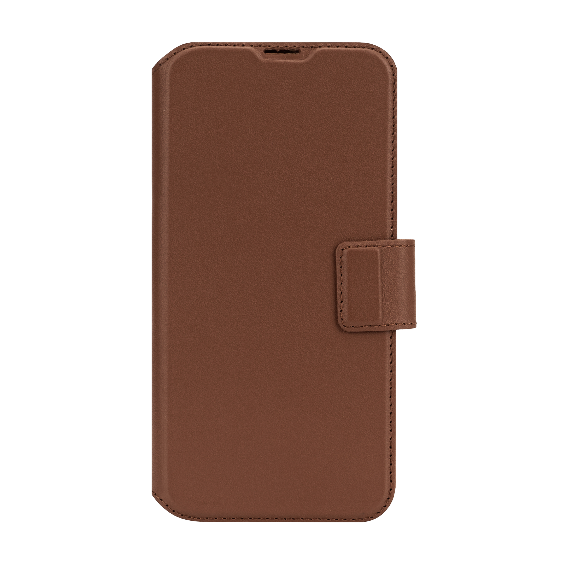 Étui de téléphone en cuir marron avec rabat et fermeture magnétique sur fond noir.