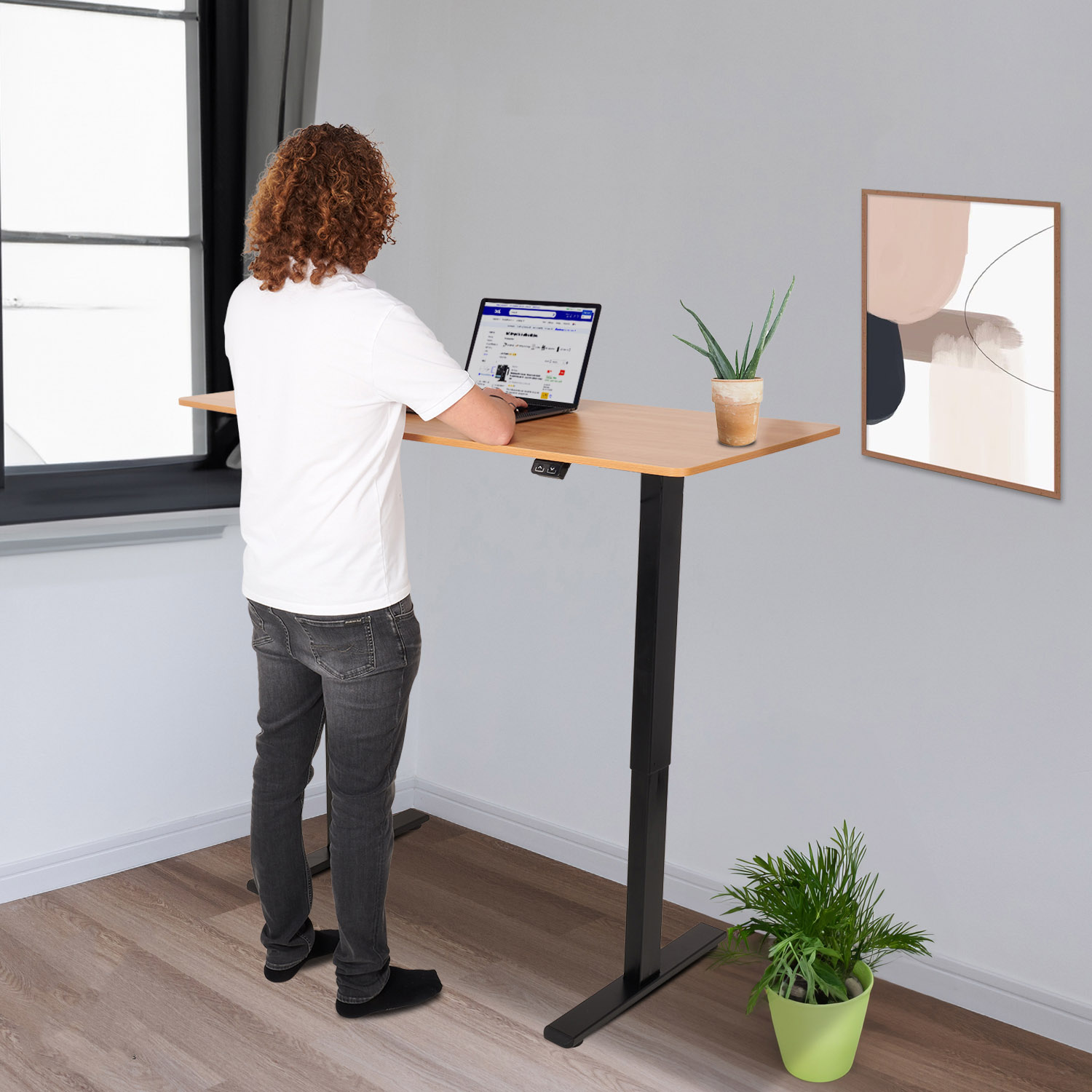 A man stands at a desk, using a laptop. A plant and a picture frame are visible.