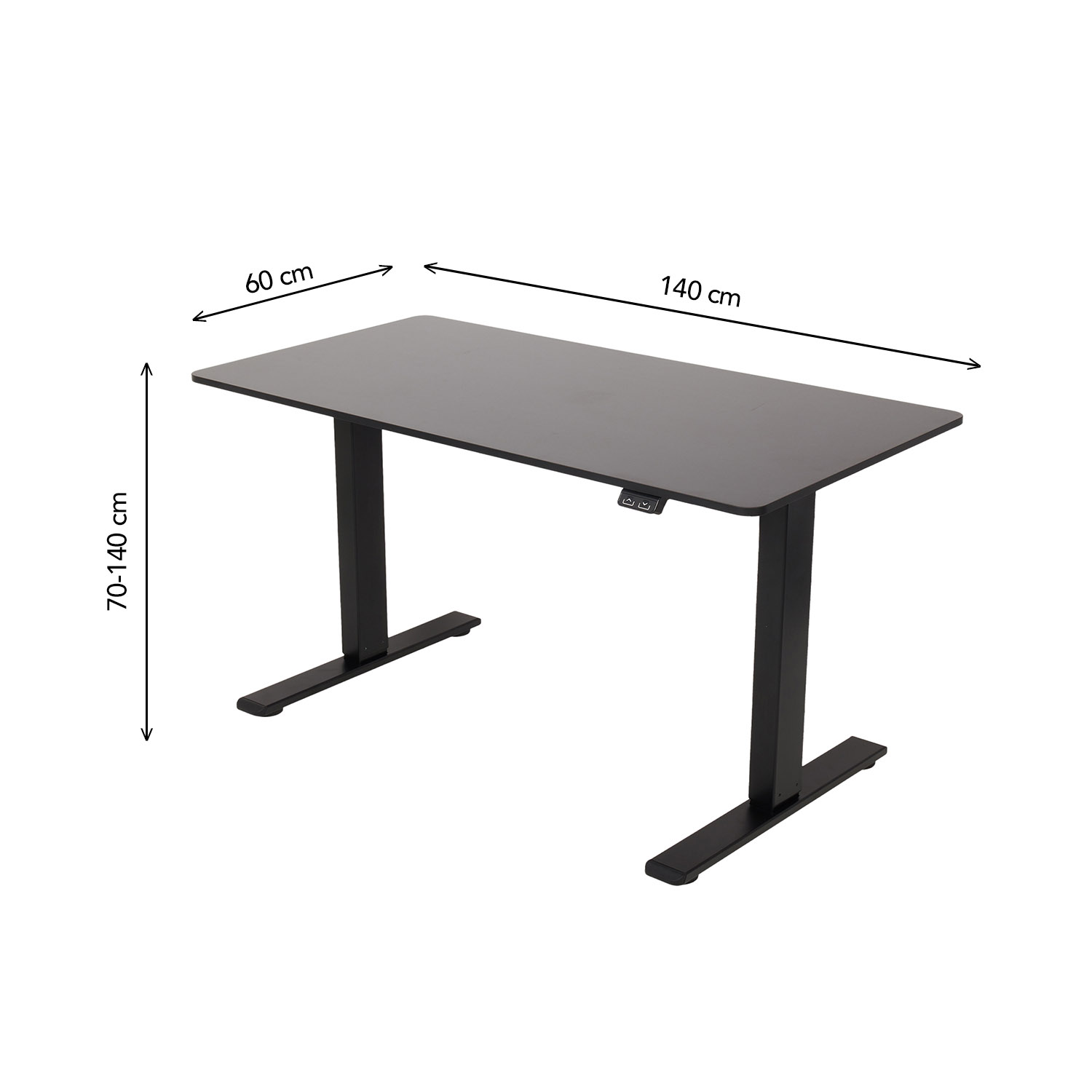 Een zwart en grijs sta-bureau met afmetingen: 60 cm x 140 cm x 70-140 cm.