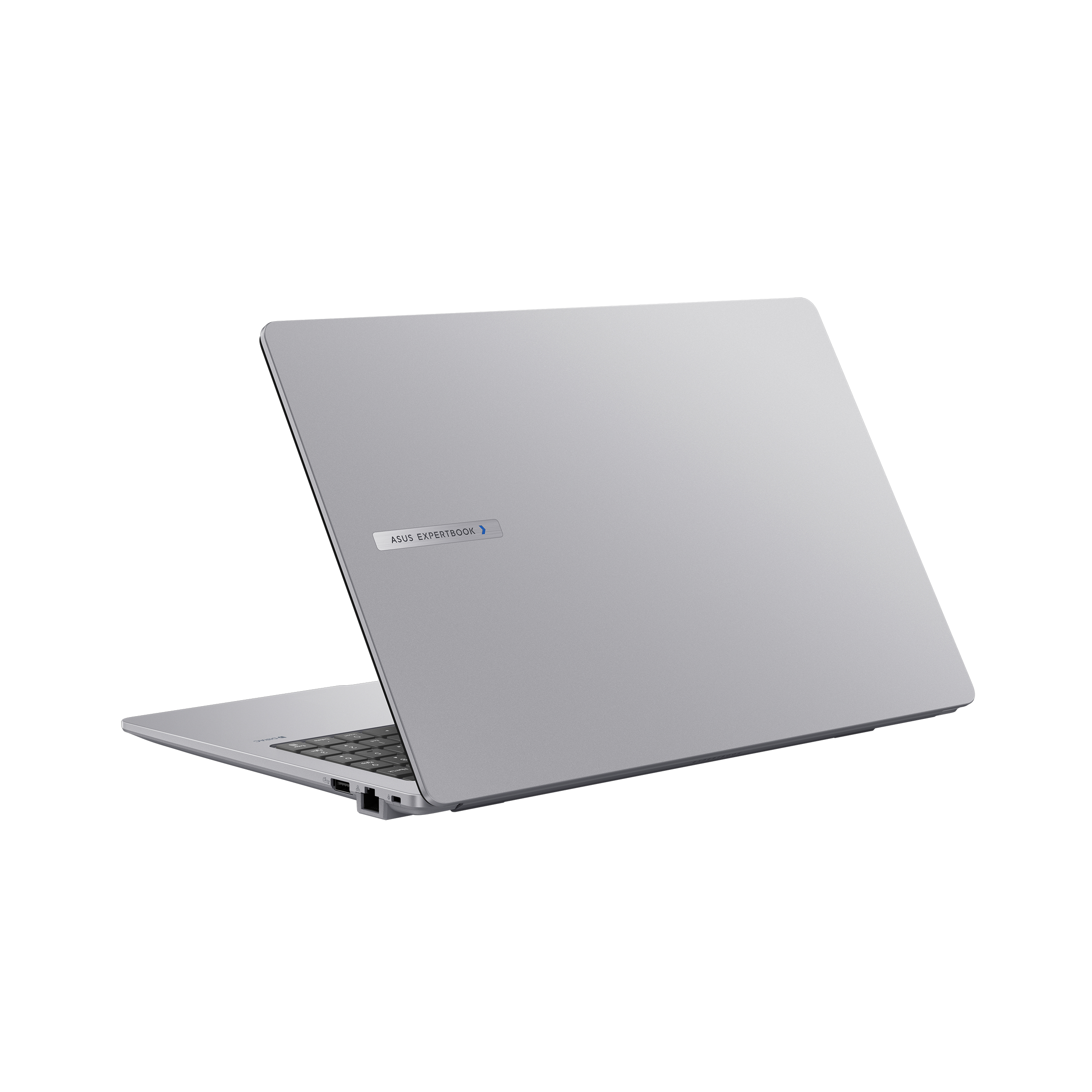 Un laptop argentato con il logo ASUS ExpertBook su sfondo bianco.