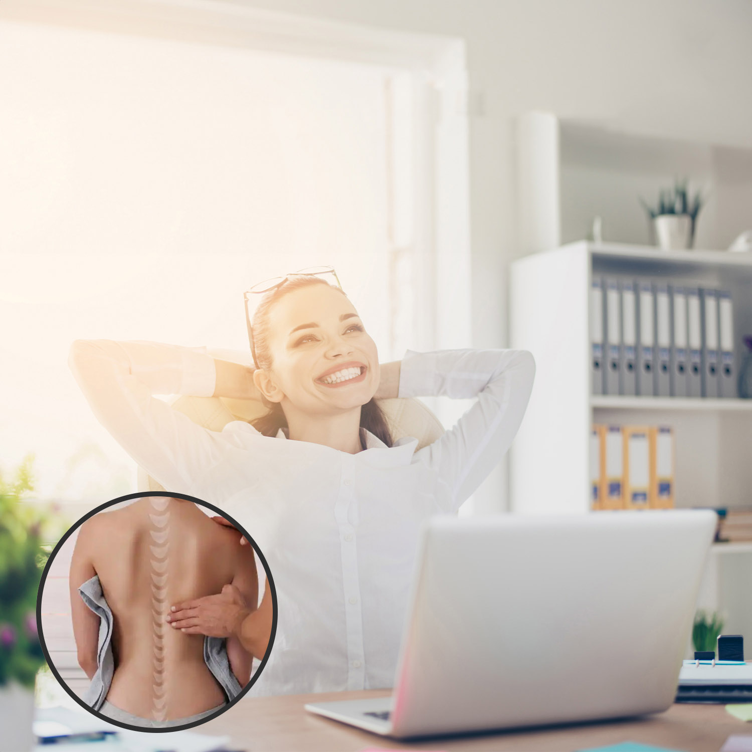 Woman sitting at desk, smiling, hands behind head, laptop in front. Spine image inset.