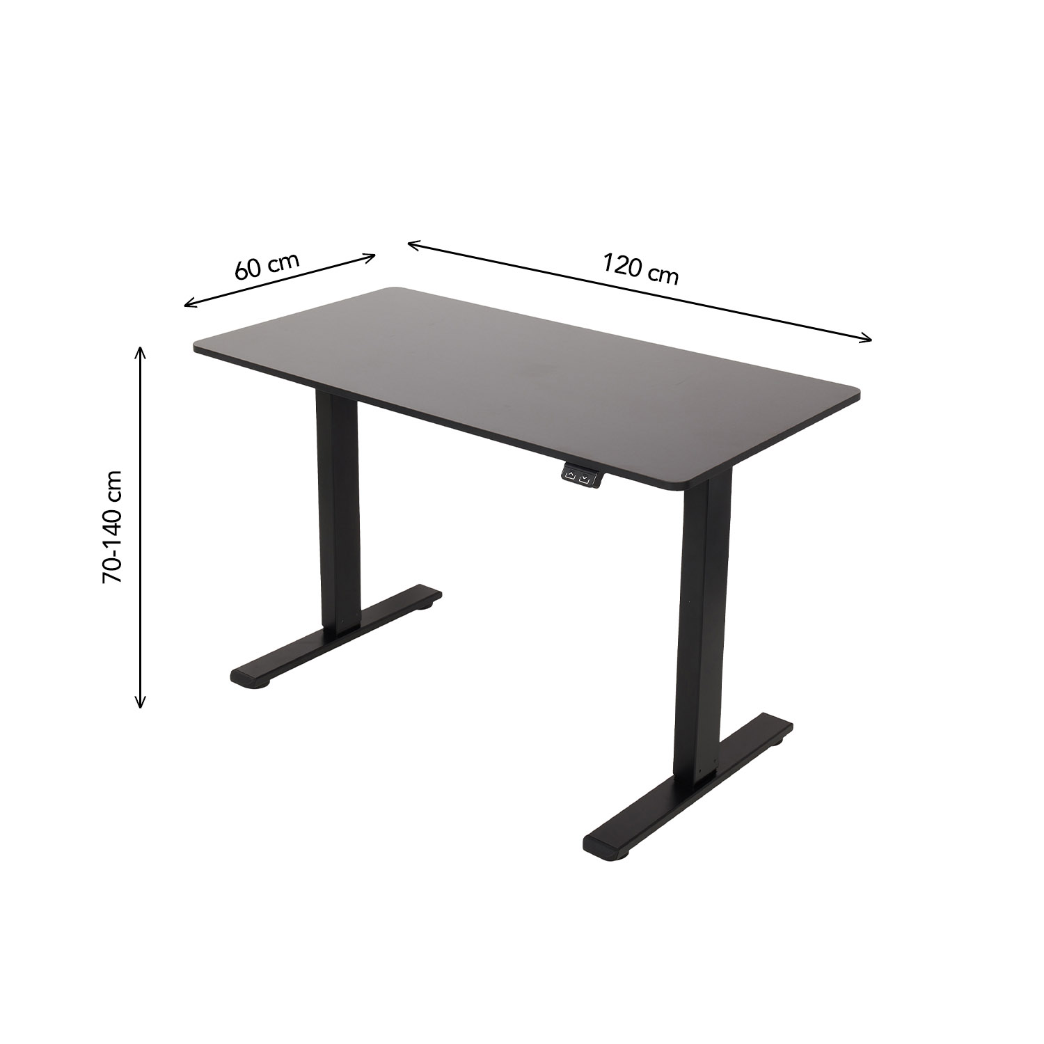 Een zwart zit-sta bureau met afmetingen. De achtergrond is wit.