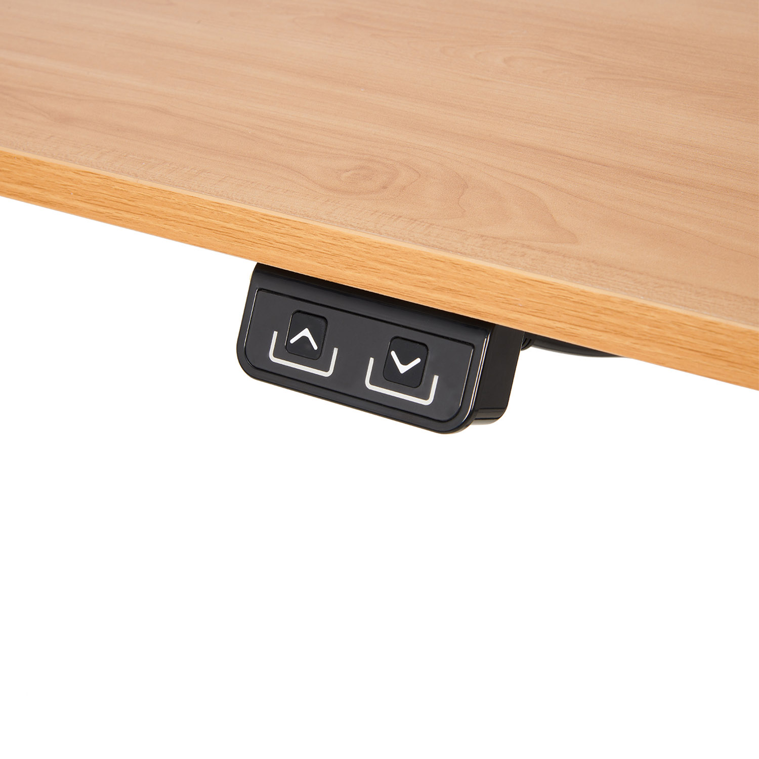 Close-up of a desk control panel. It has up and down arrows.