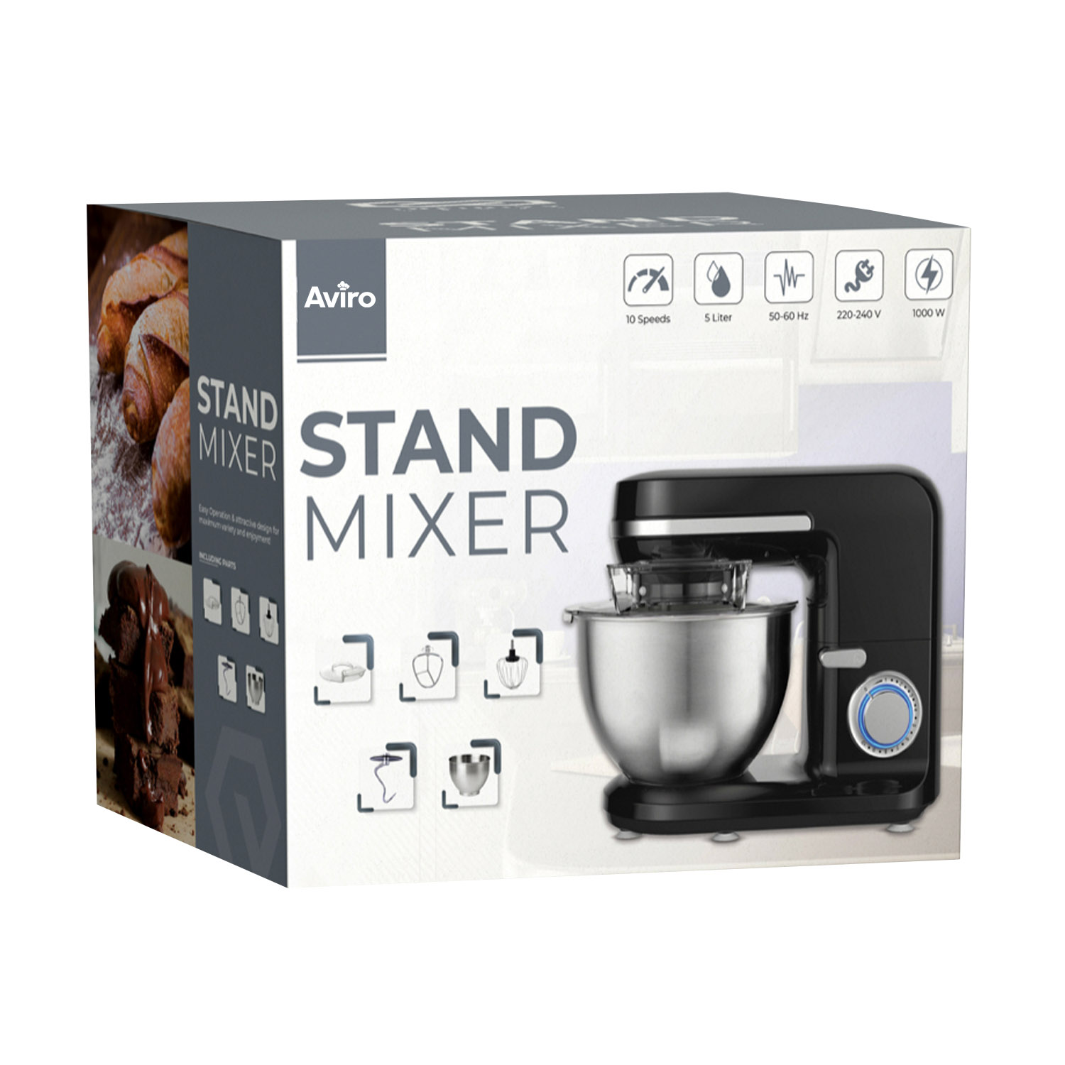 A stand mixer box showing the stand mixer and its features.