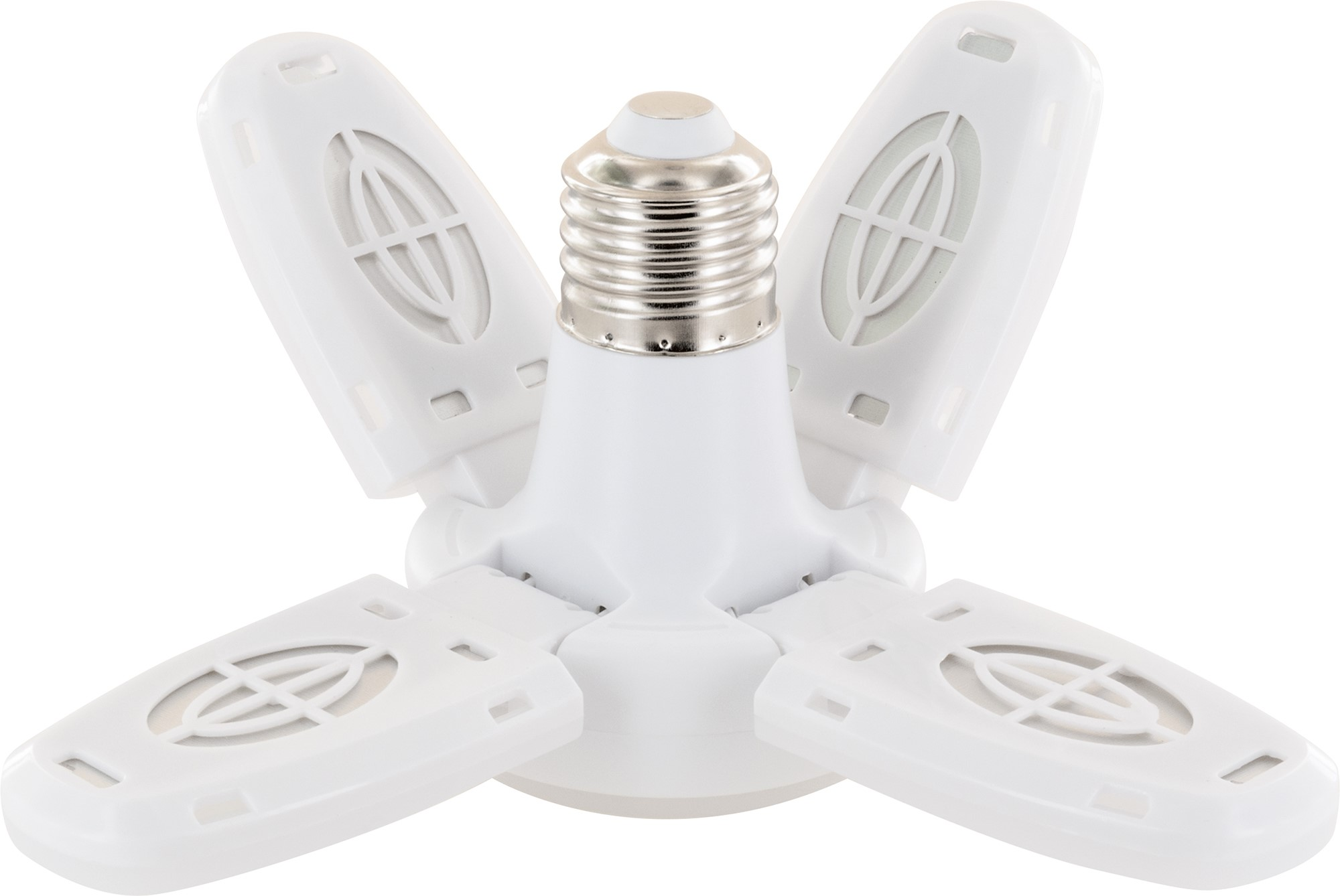 Bombilla LED blanca con cuatro aspas plegables.