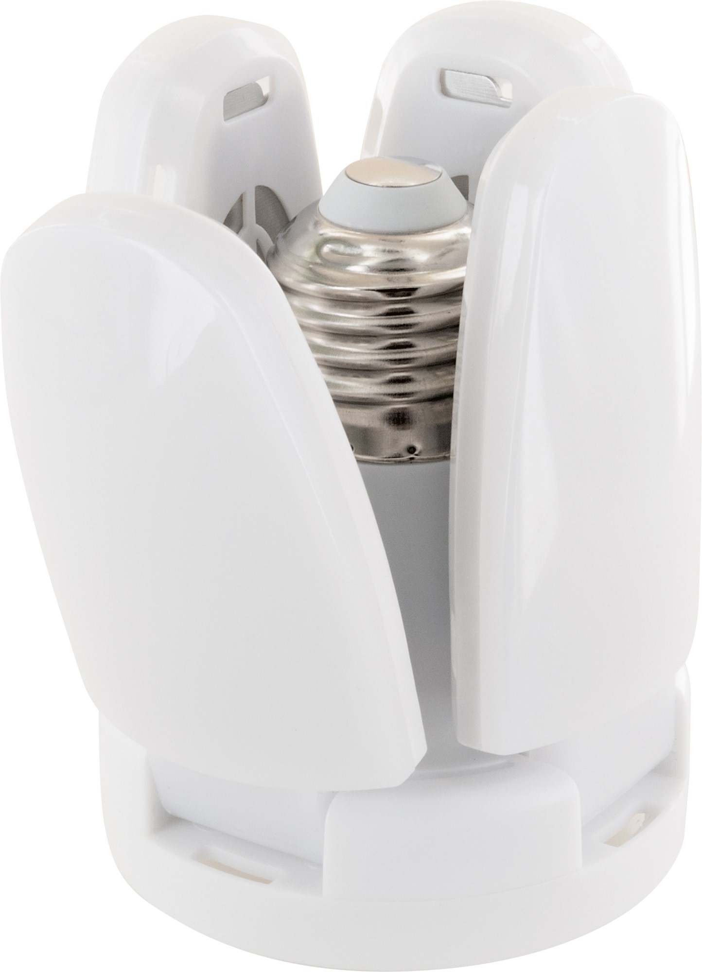 Un adaptador de bombilla blanco con cuatro paneles plegables. Está sobre un fondo blanco.