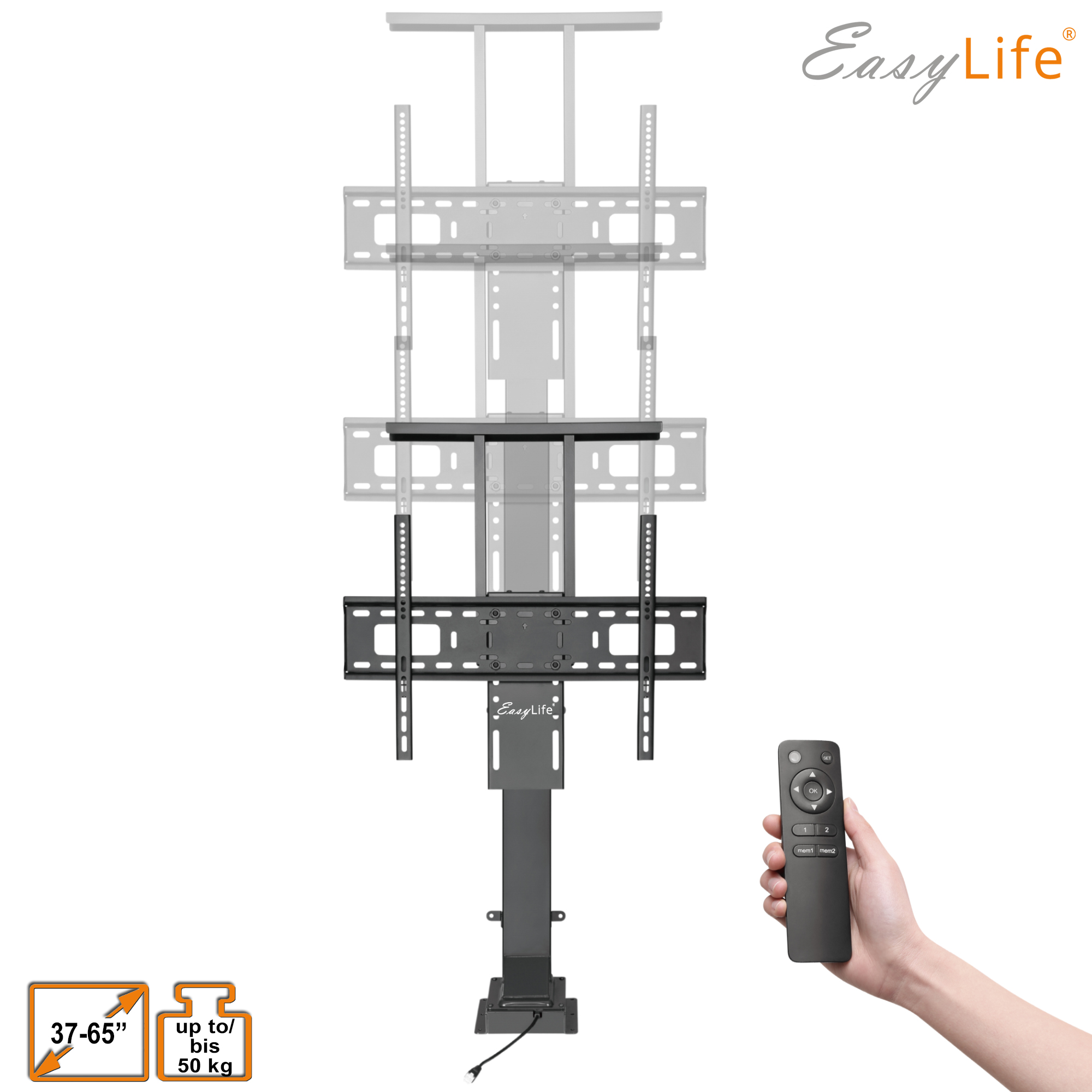 TV-Lift mit Fernbedienung, mit Abmessungen und Gewichtsangaben.