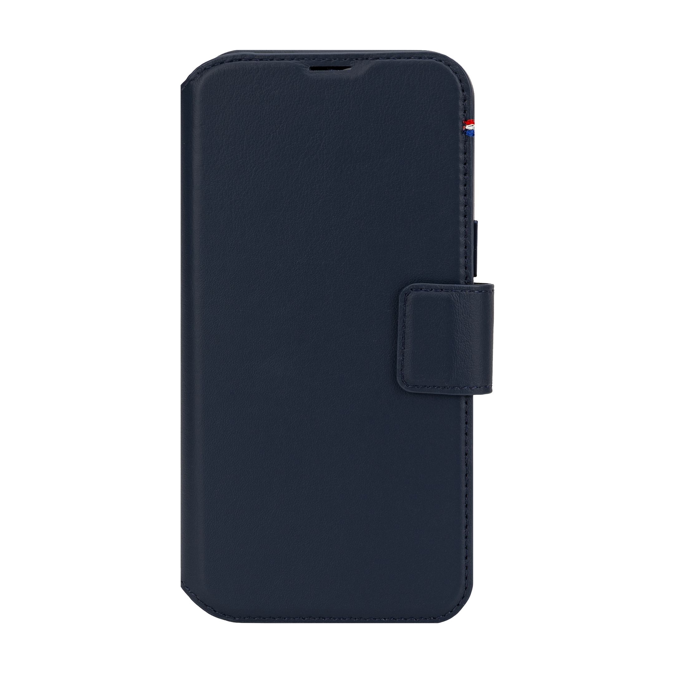 Un étui de téléphone bleu foncé avec un rabat, fermé, sur fond noir.