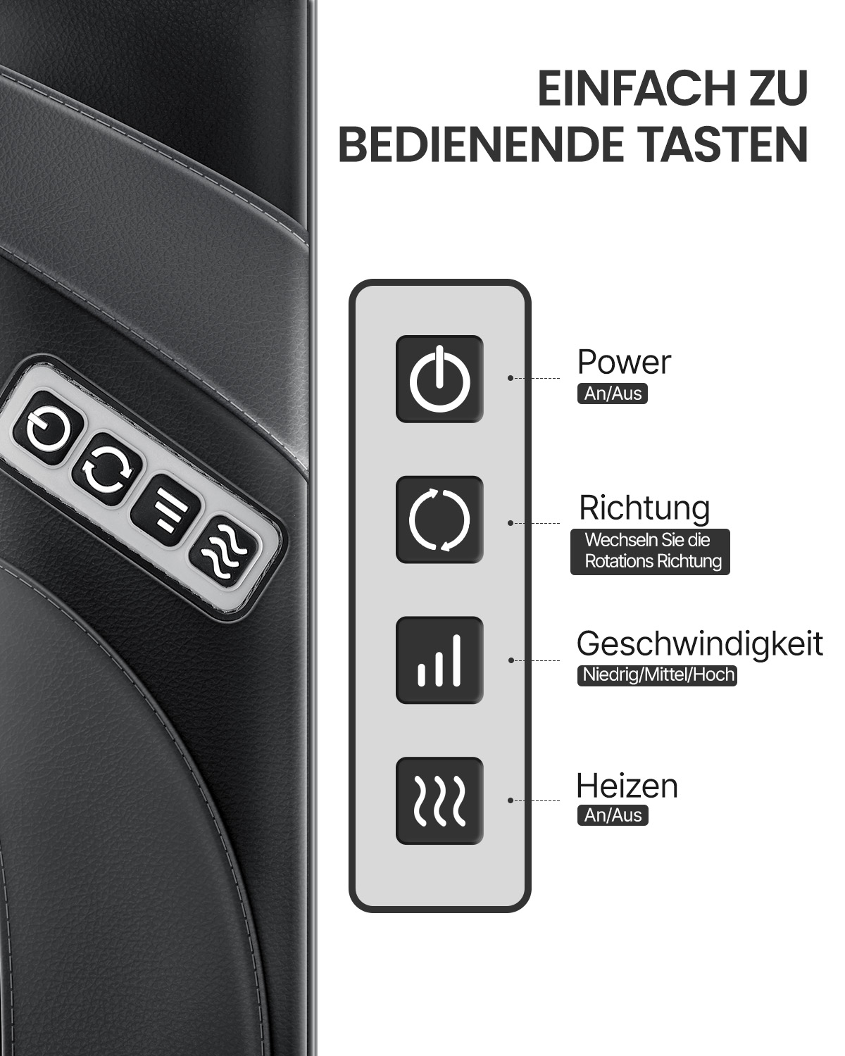 Nahaufnahme eines Bedienfelds mit Tasten für Strom, Richtung, Geschwindigkeit und Heizung. Schwarzer Lederhintergrund.