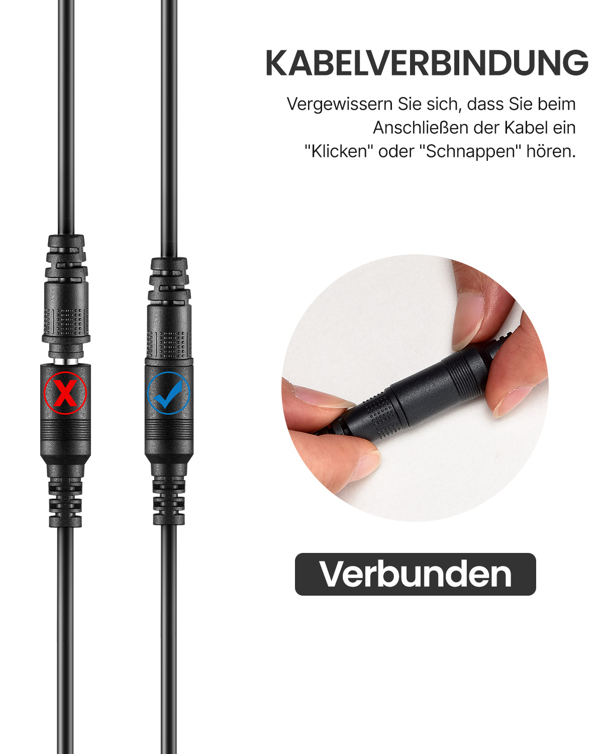 Zwei schwarze Kabel mit Anschlüssen: eins mit rotem X, das andere mit blauem Häkchen, neben einem verbundenen Kabel.