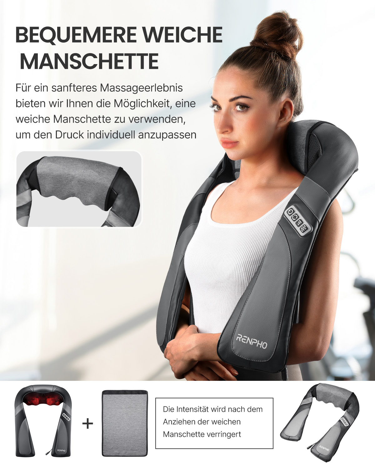Frau mit grauem Nackenmassagegerät, Text auf Deutsch, der das Produkt bewirbt.
