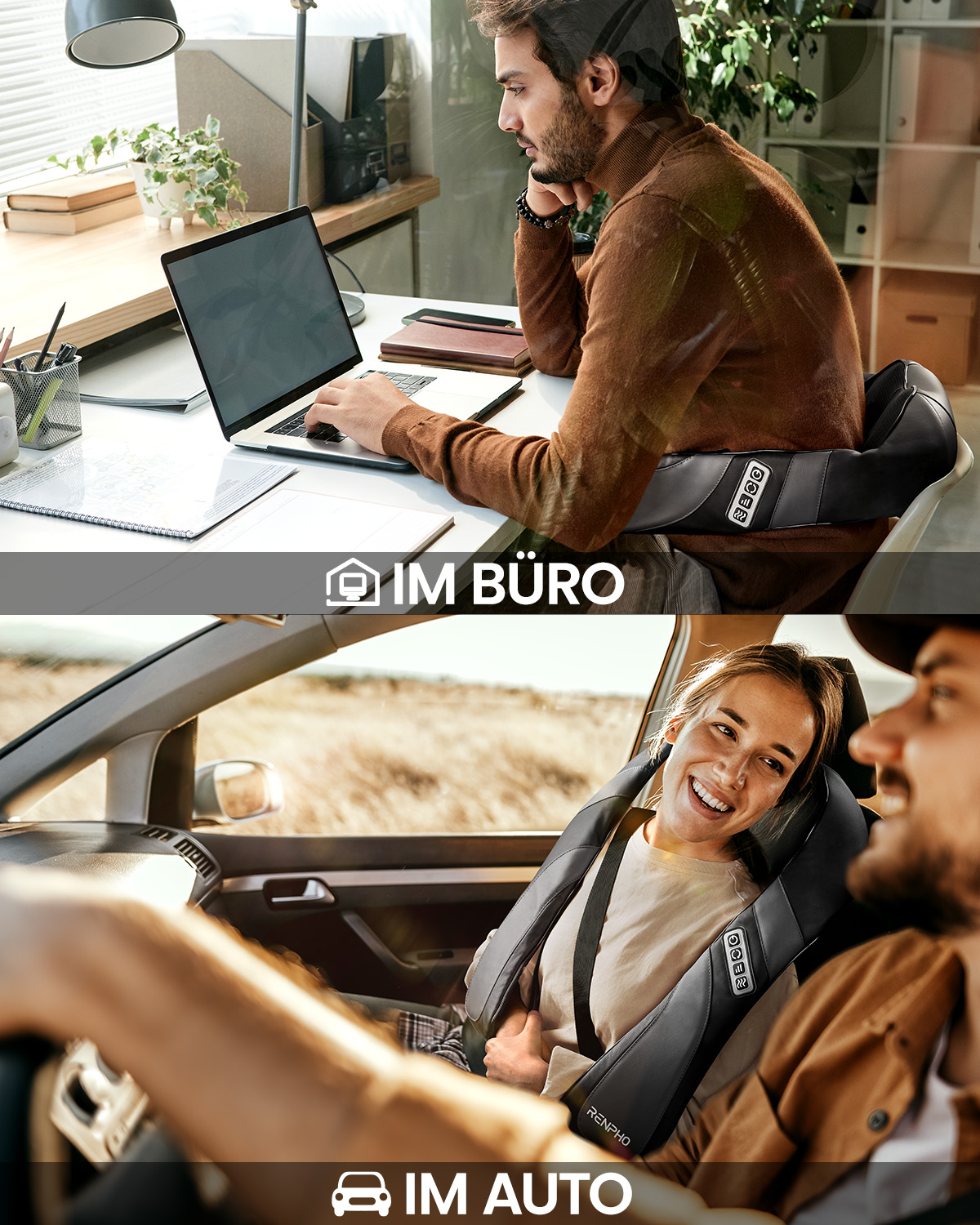 Zwei Bilder: eines in einem Büro, eines in einem Auto. Beide zeigen ein Massagegerät um den Hals.