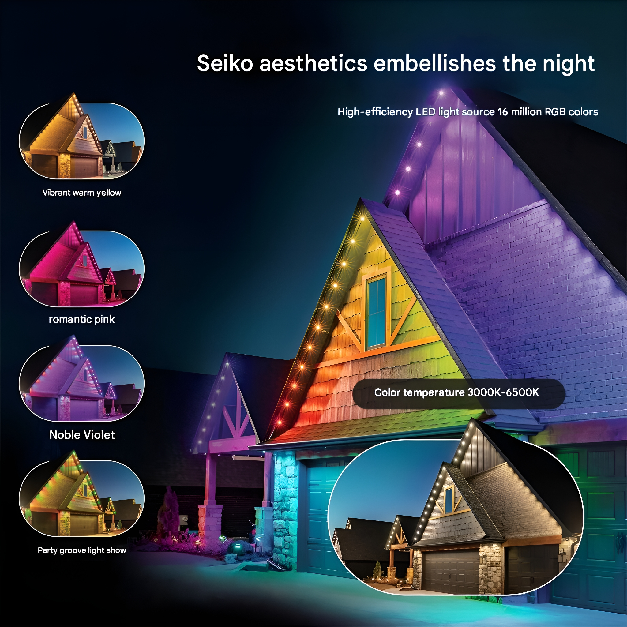 Ein Haus mit einer bunten Lichtshow. Es gibt verschiedene Farboptionen, dargestellt mit Text wie 'Vibrant warm yellow'.