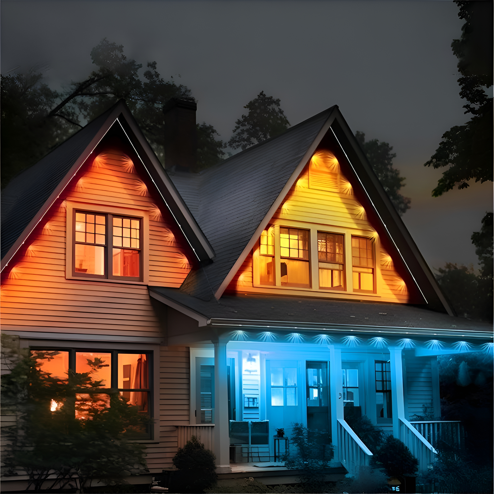Haus mit farbwechselnden Lichtern an Giebeln und Dachrändern, blau an der Veranda.