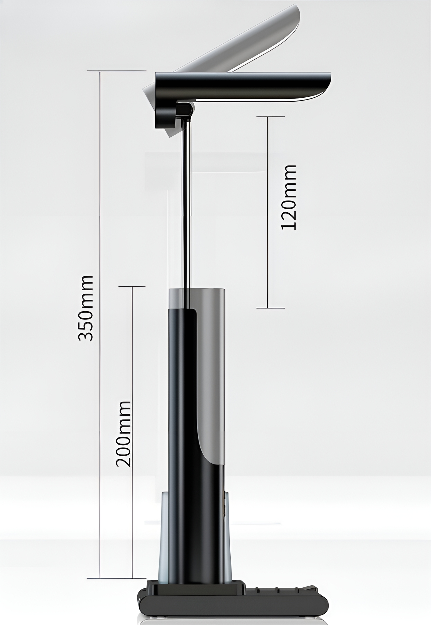 Schwarzer und silberner Weinöffner mit Maßen. Längen sind 350 mm und 200 mm, Höhe ist 120 mm.