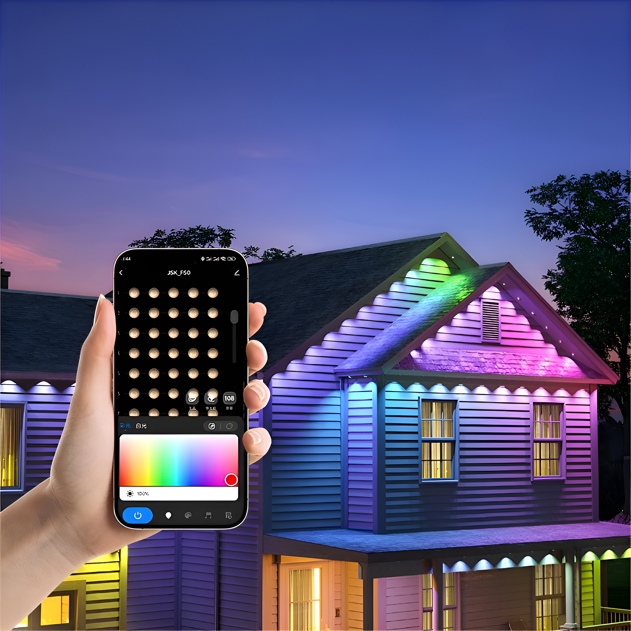 Eine Hand, die ein Smartphone hält und Dachlichter eines Hauses in der Dämmerung steuert.