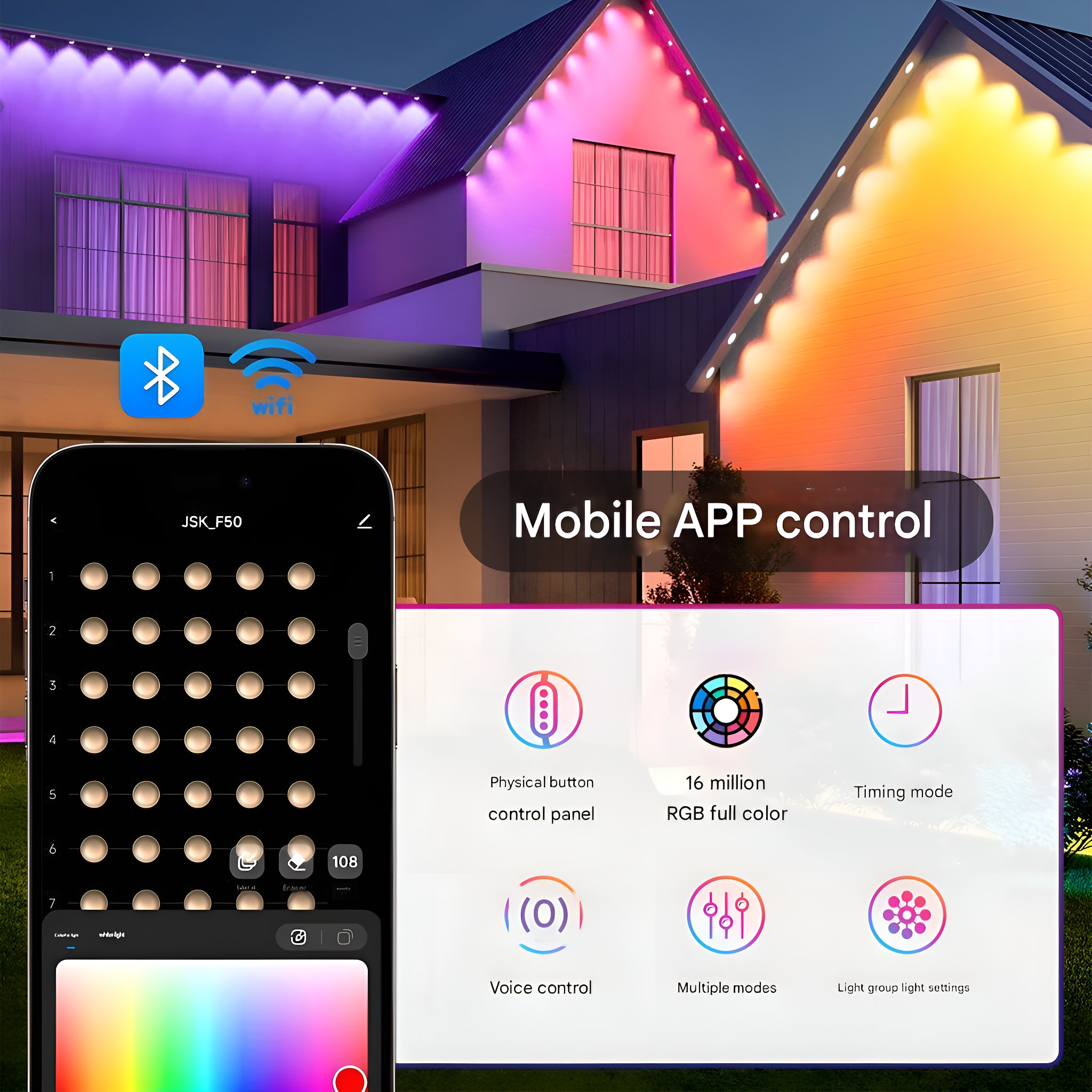 Ein Haus mit bunten Lichtern, gesteuert durch eine Telefon-App, mit Oberflächendetails.