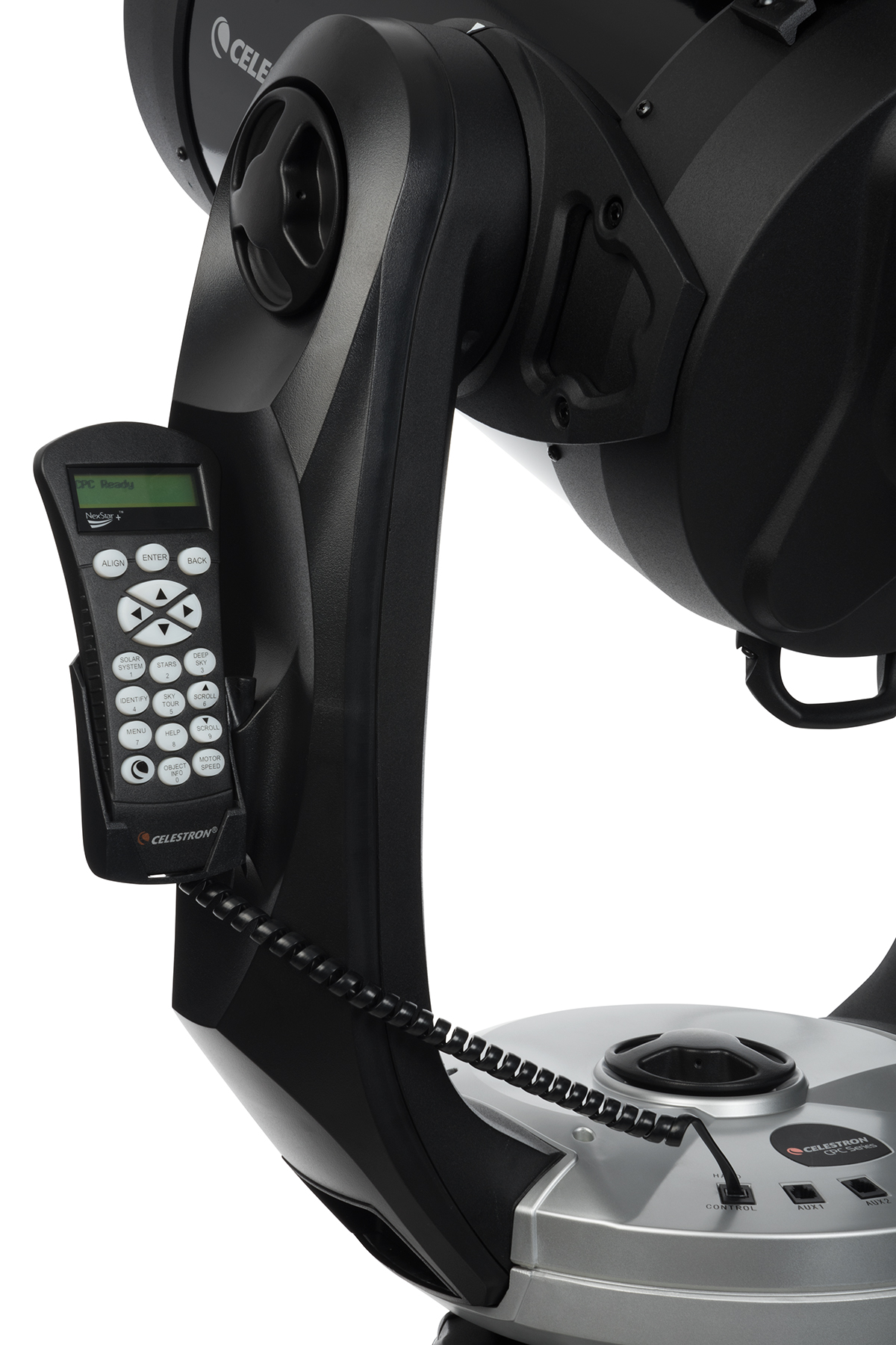 Ein Teleskop mit Bedienfeld und Fernbedienung. Das Teleskop ist schwarz.