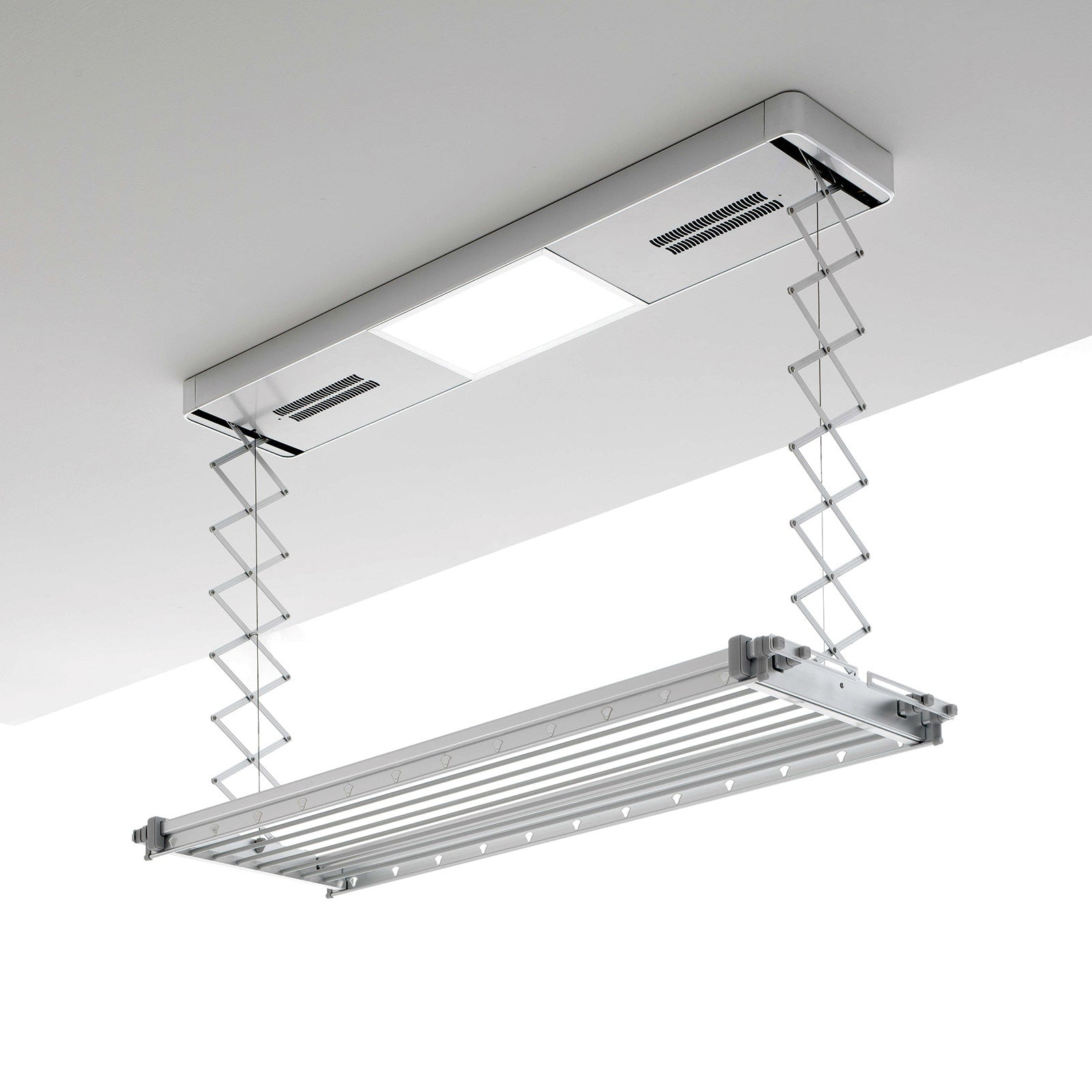 Stendibiancheria a soffitto, bianco con bracci pieghevoli argentati.